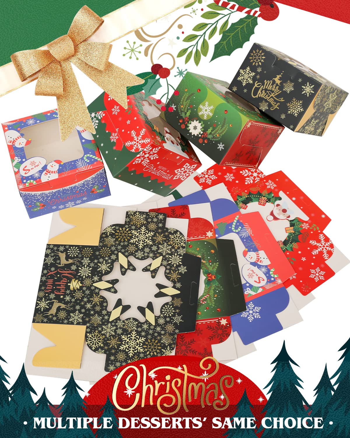 Qiqee Christmas Bakery Boxes With Window 4*4*2.5Inch/55Packs Mini Cookie Boxes Macaron Boxes Small Donut Pastry Boxes For Christ