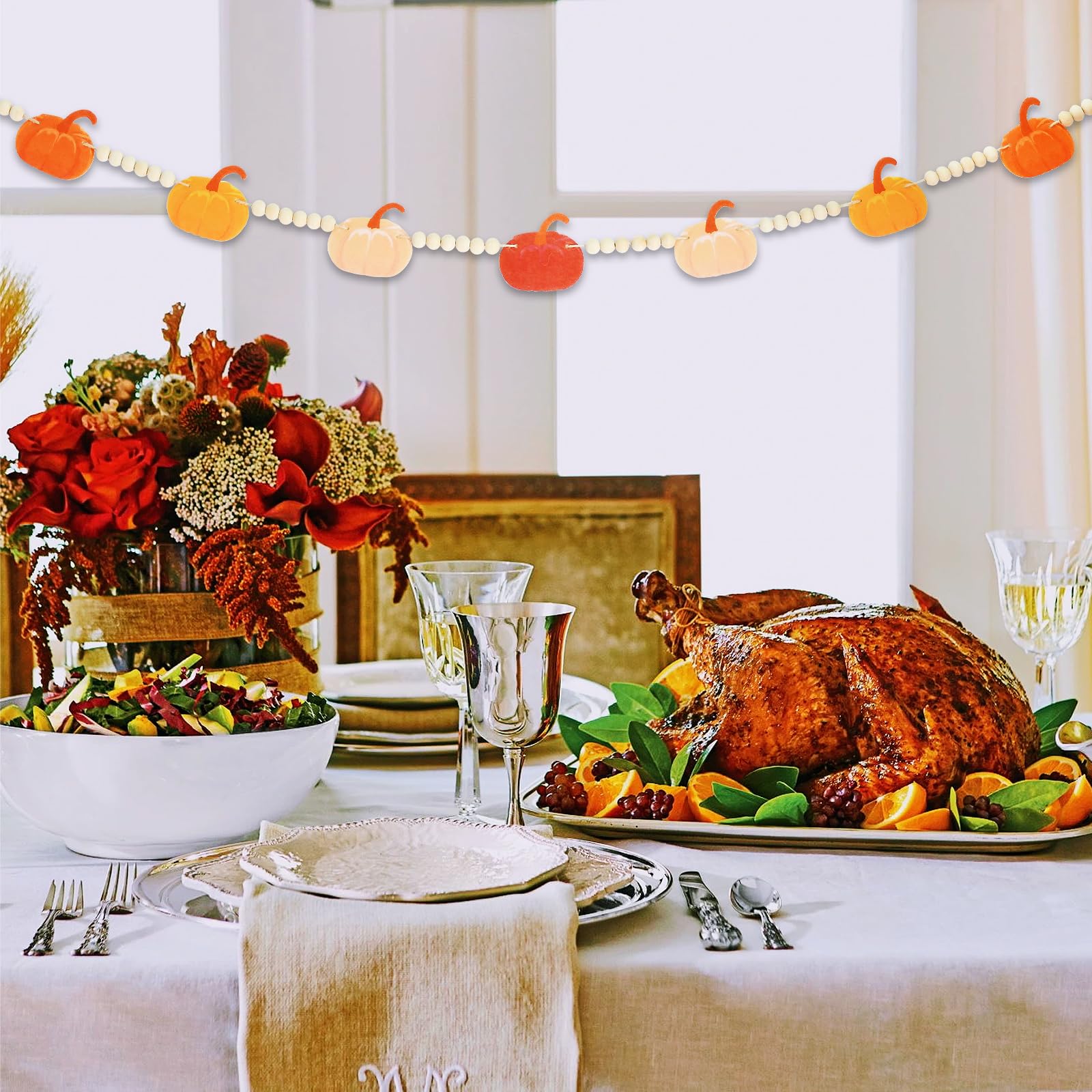 4.2 Ft Thanksgiving Day Wooden Beads Garland With Pumpkin Charms, Orange Autumn Theme Beaded Decor With Felt Pumpkin, Rustic Hal