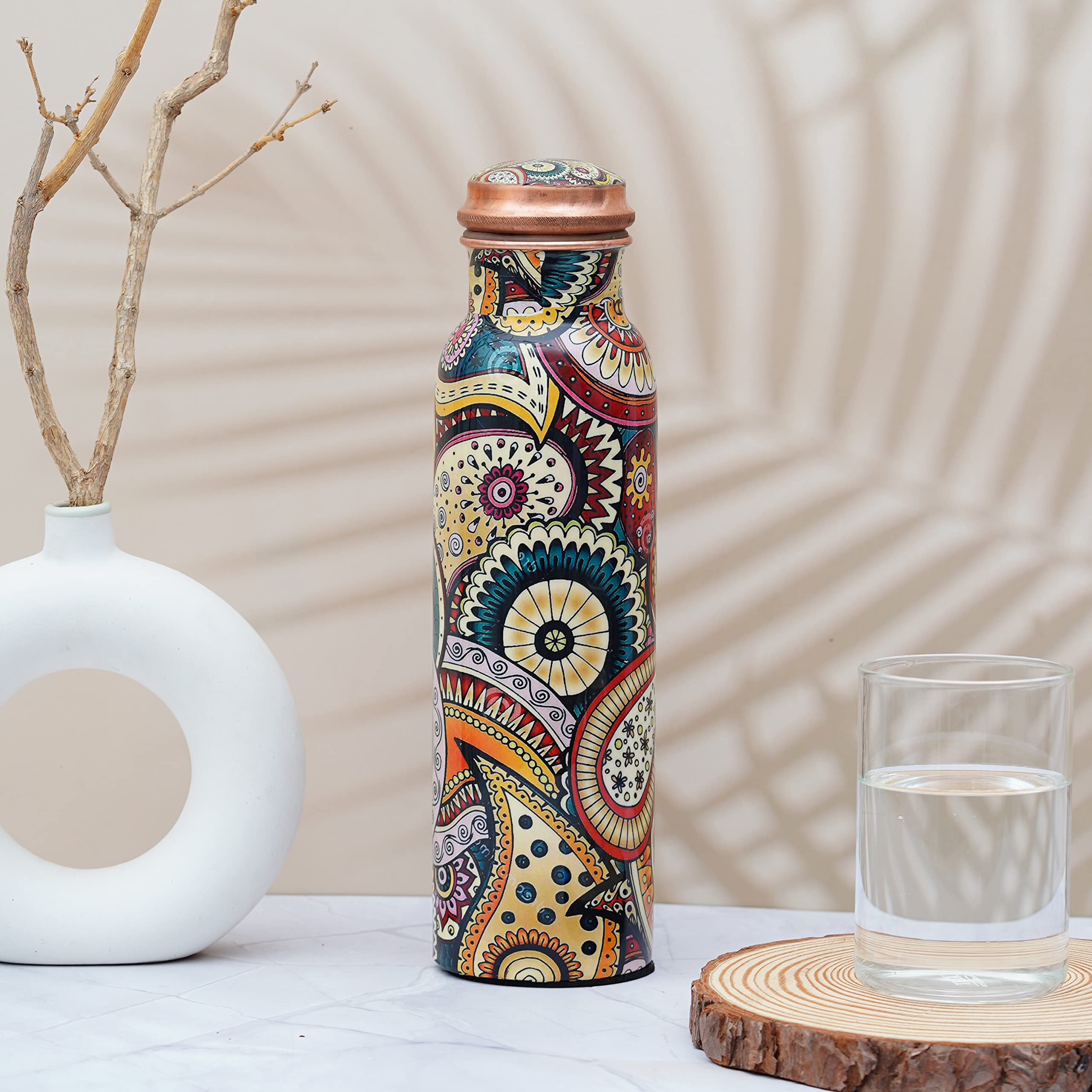 Craft Trade Copper Ayurveda Copper Water Bottle For Drinking 32Oz Antique Diamond Pure Copper Water Bottle With Handle Travel Bo