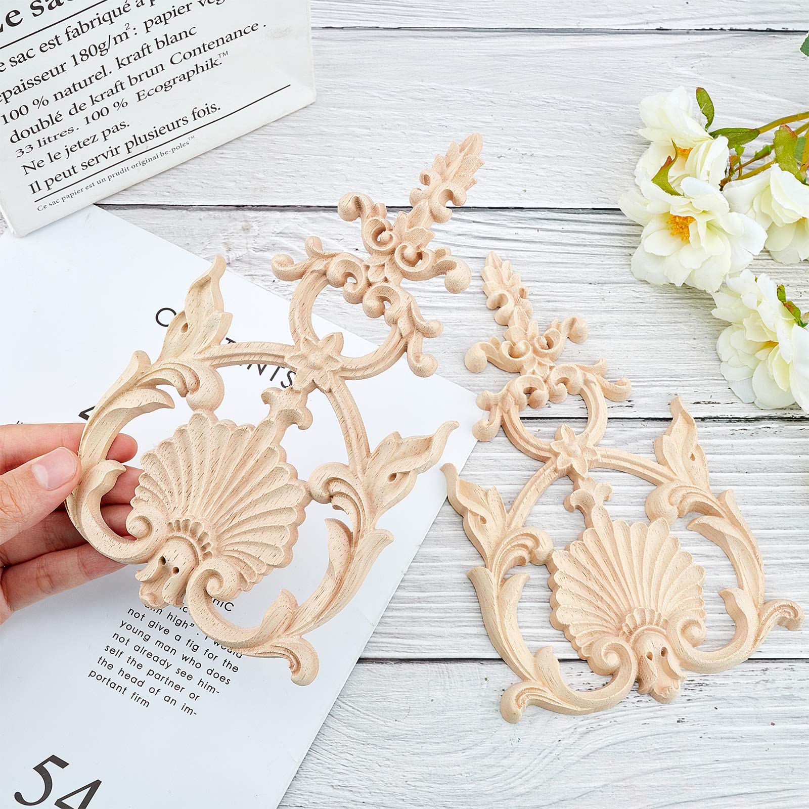 Superfindings 2Pcs Carved Wood Appliques Onlays Wooden Decal Corner Frame 7.5X4.6Inch Unpainted Wooden Onlay Wood Carving Appliq