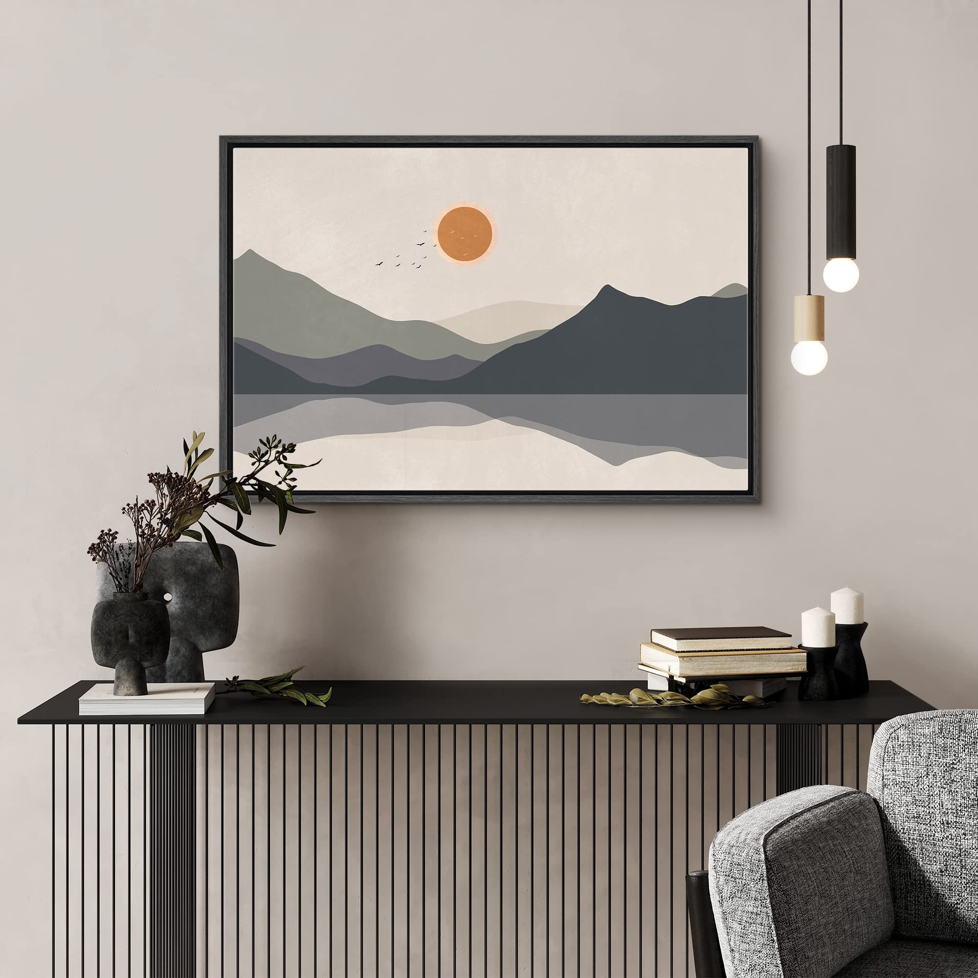 Signford Framed Canvas Print Wall Art Pastel Mountain Lake Reflection Nature Wilderness Illustrations Modern Art Decorative Boho