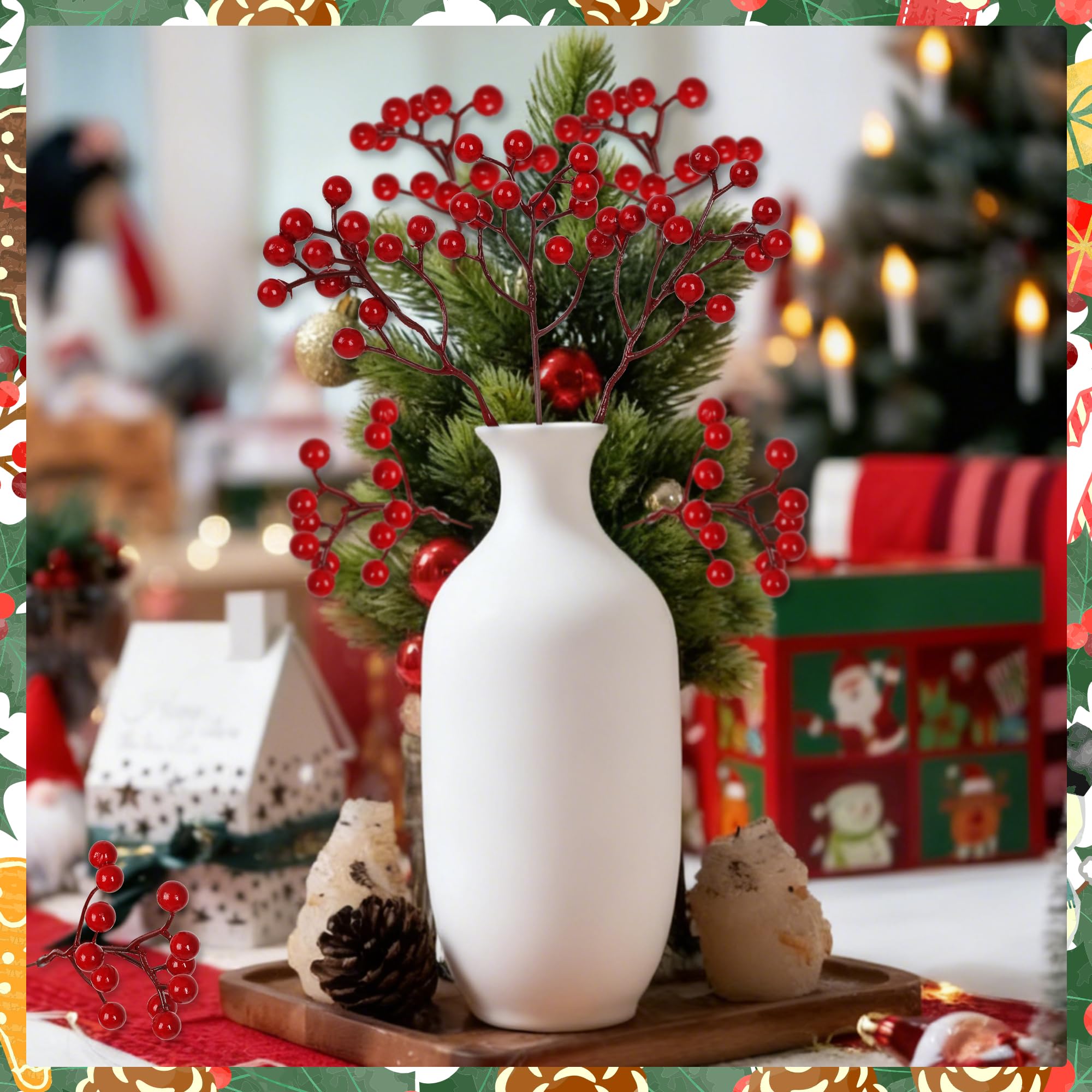Vipay 24 PCS Christmas Tree Decorations, 7.08 in Red Berry Stem, Artificial Berry Picks Floral Pick for Wreath, Burgundy Holly B