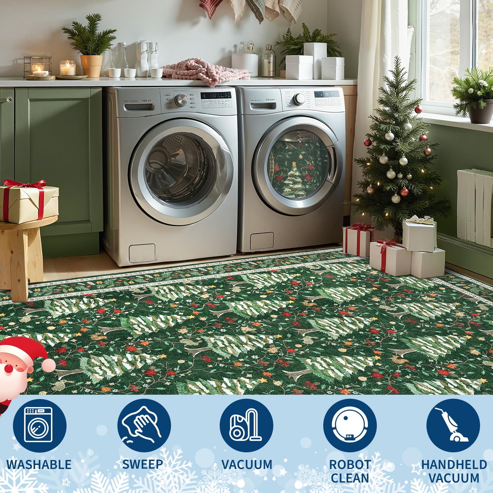 GarveeHome Green 2x6 Christmas Floor Kitchen Runner Rug Non Slip Washable Stain Resistant Christmas Tree Animals Print Holiday D