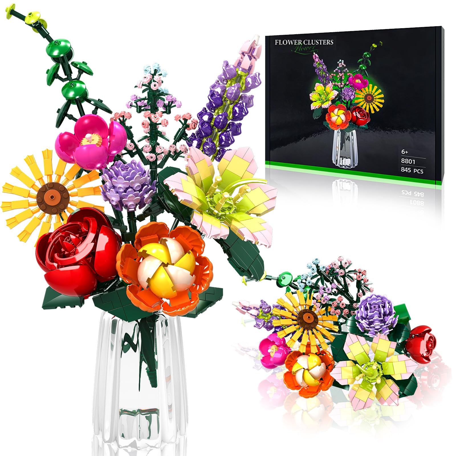 Flowers Bouquet Building Toy Set, 9 Kinds of Flowers Botanical Collection and Home Office Decorative for Mothers Day, Birthdays