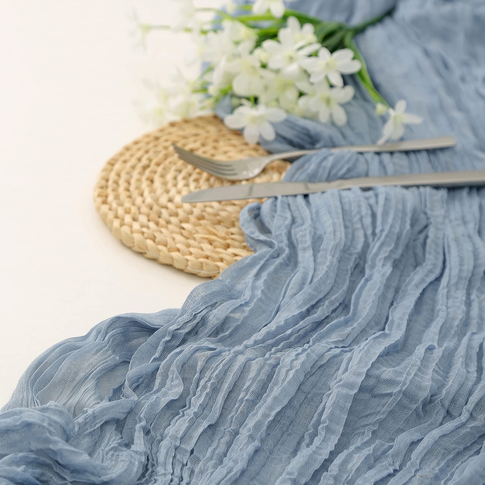Dolopl 8Pcs Dusty Blue Cheesecloth Table Runner Bulk 13.3Ft Boho Gauze Cheese Cloth Table Runner Rustic Sheer Runner 160Inch Lon