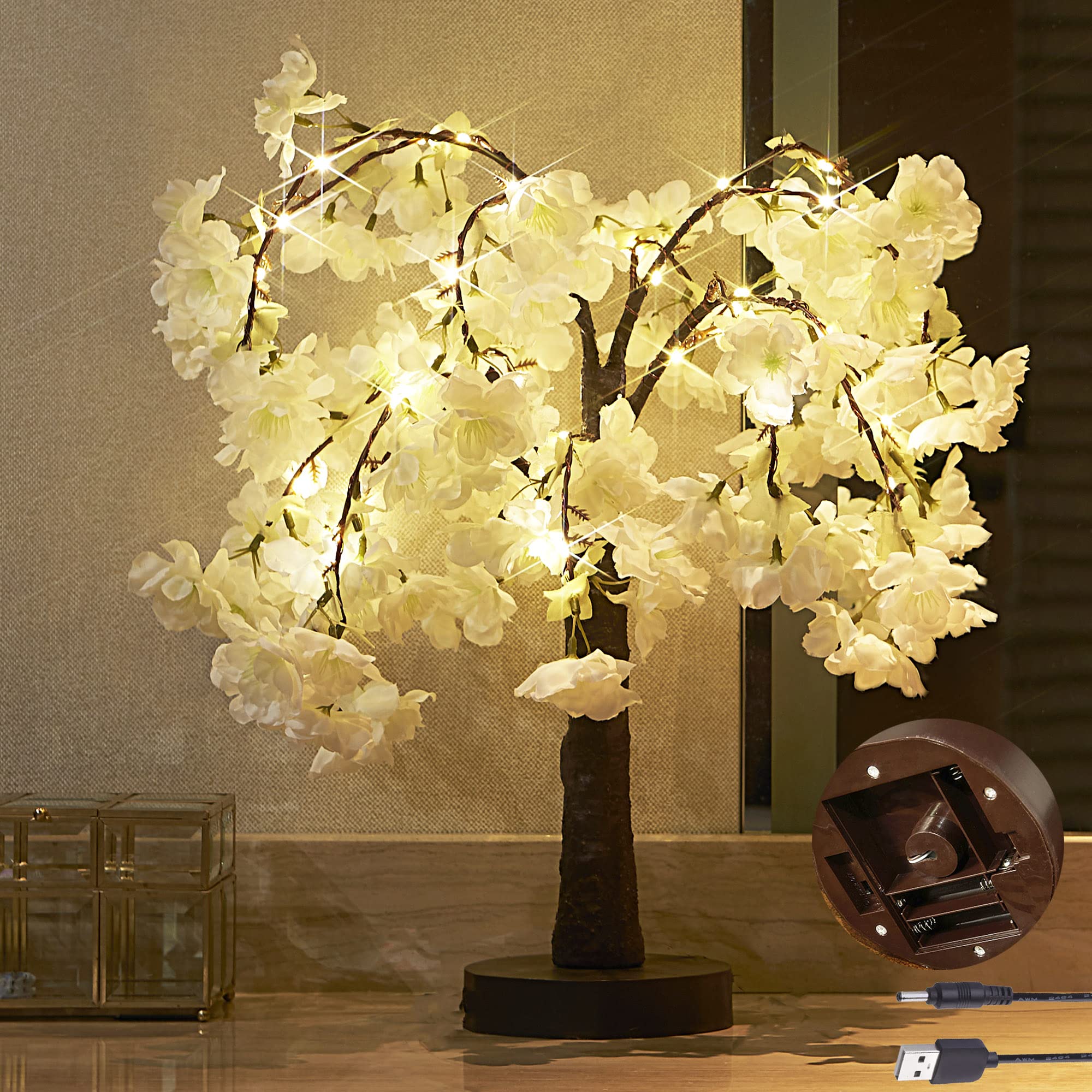 LITBLOOM Cherry Blossom Tree Lights Battery Operated or USB Powered with Timer 18IN 40 Fairy Lights for Wedding Party Table Deco