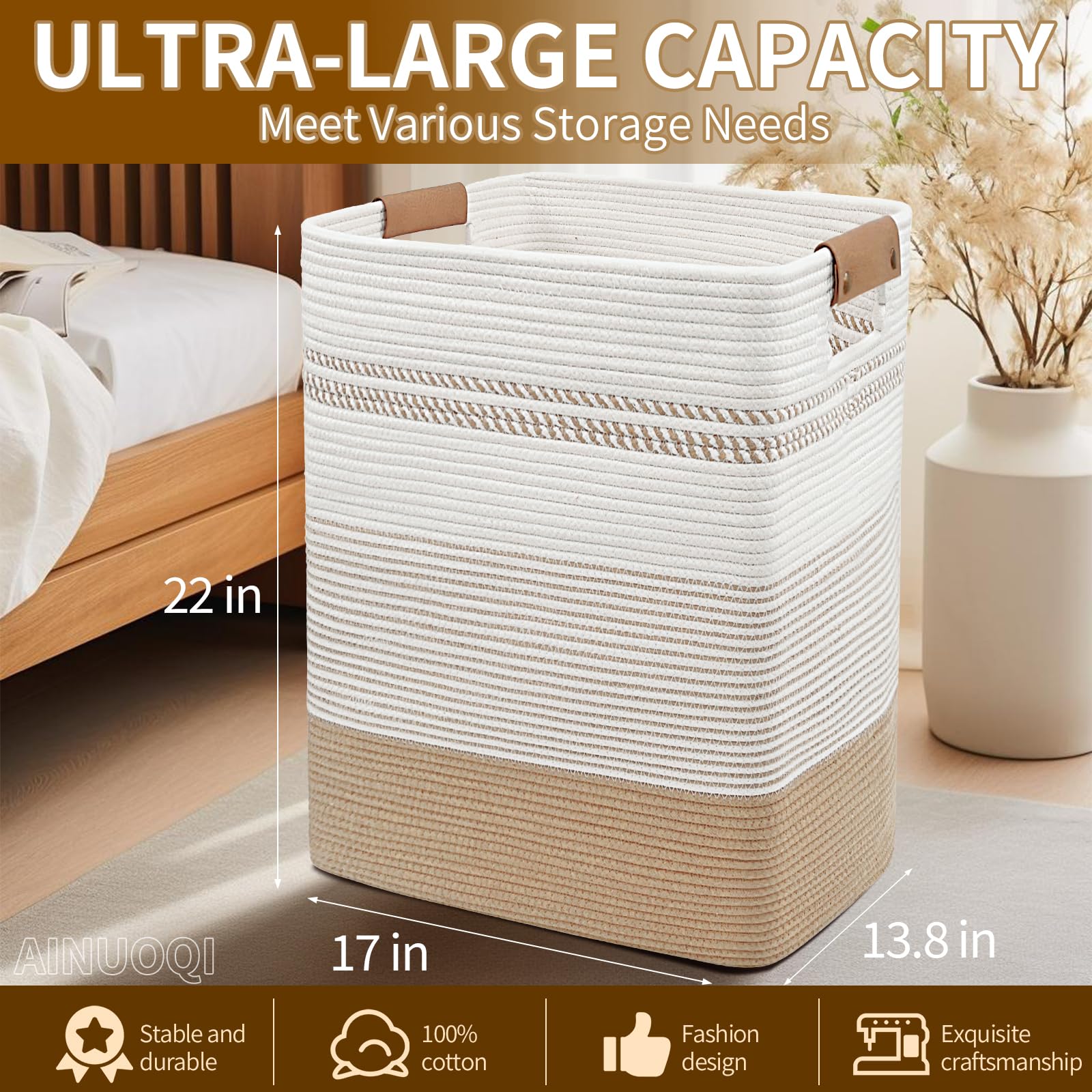 Ainuoqi Laundry Hamper - 85L Large Laundry Basket With Leather Handles, Decorative Storage Basket For Blankets - Cotton Rope Wov