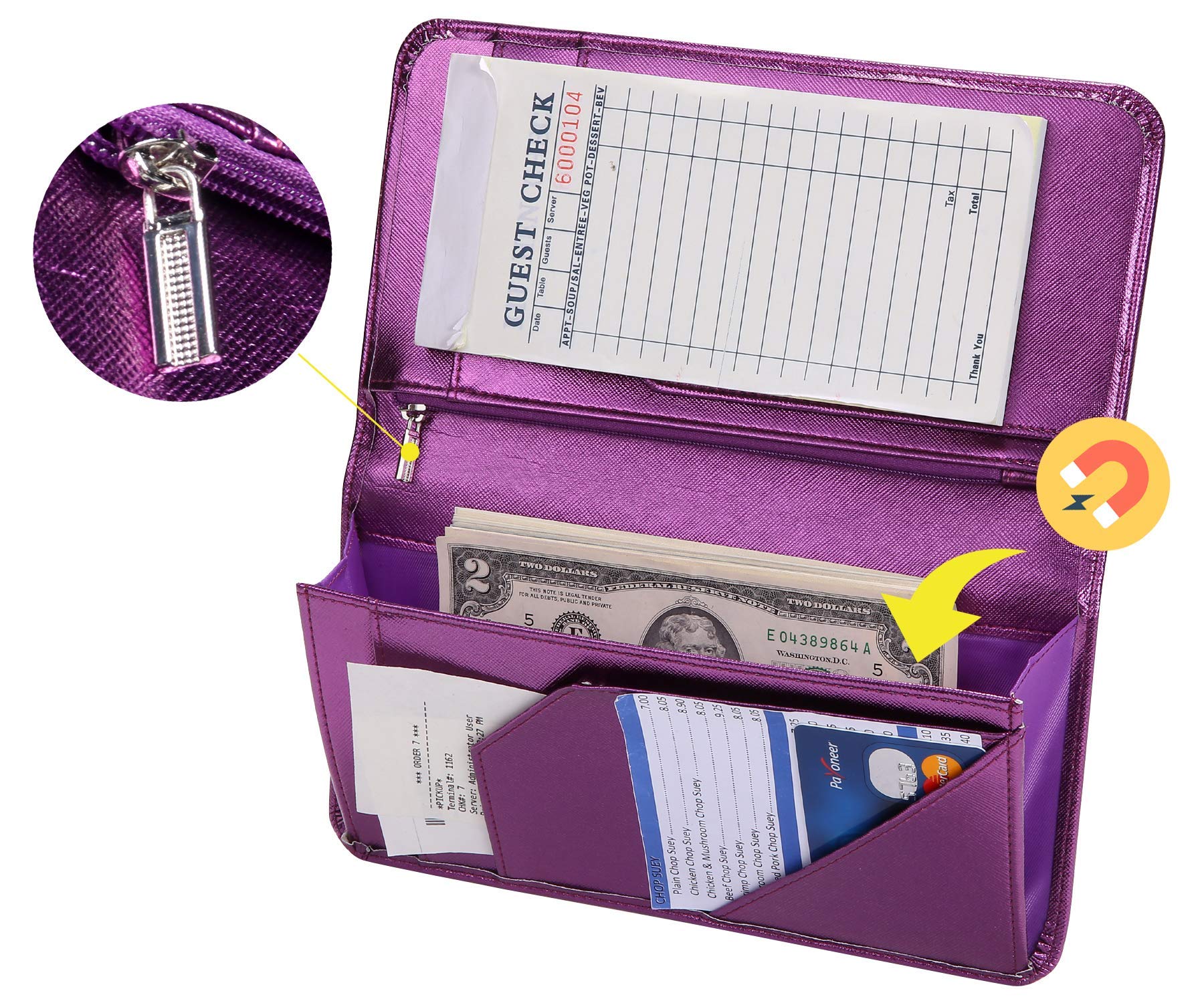 Mymazn 4.7 X 9 Metallic Purple Server Book with Zipper Pocket Bling Waitress Book with Money Pocket and Magnetic Closure  Restaurant Waitstaff Organizer Fit Server Apron with High Volume Pocket