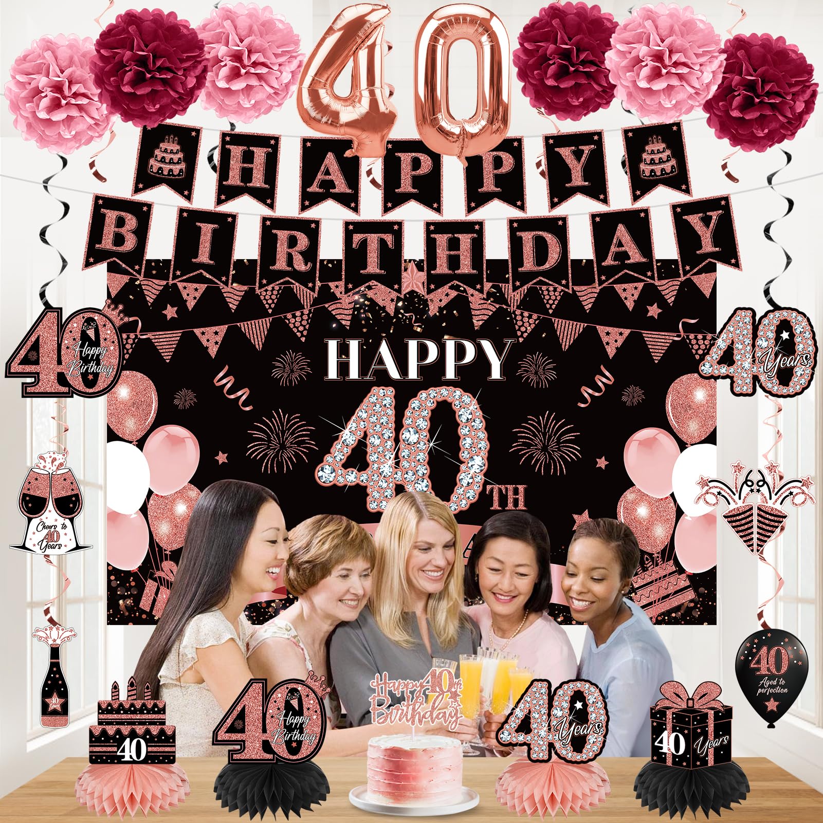 Eucutur 42Pcs 40Th Birthday Decoration Kit For Women, Rose Gold Happy 40Th Bday Banner Balloons Honeycomb Centerpiece Swirl Pape