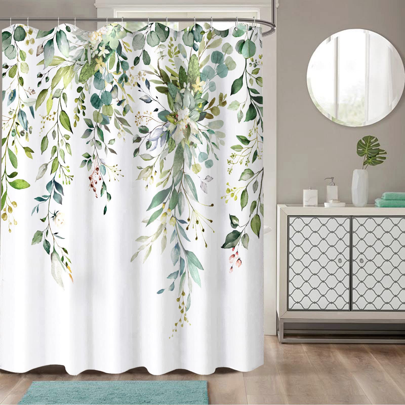 Zussun Green Eucalyptus Shower Curtain Watercolor Floral Plant Leaf Shower Curtains for Bathroom Sage Botanical Flower Waterproof Fabric Bath Curtain Decor with Hooks (Green  72'' x 72'')