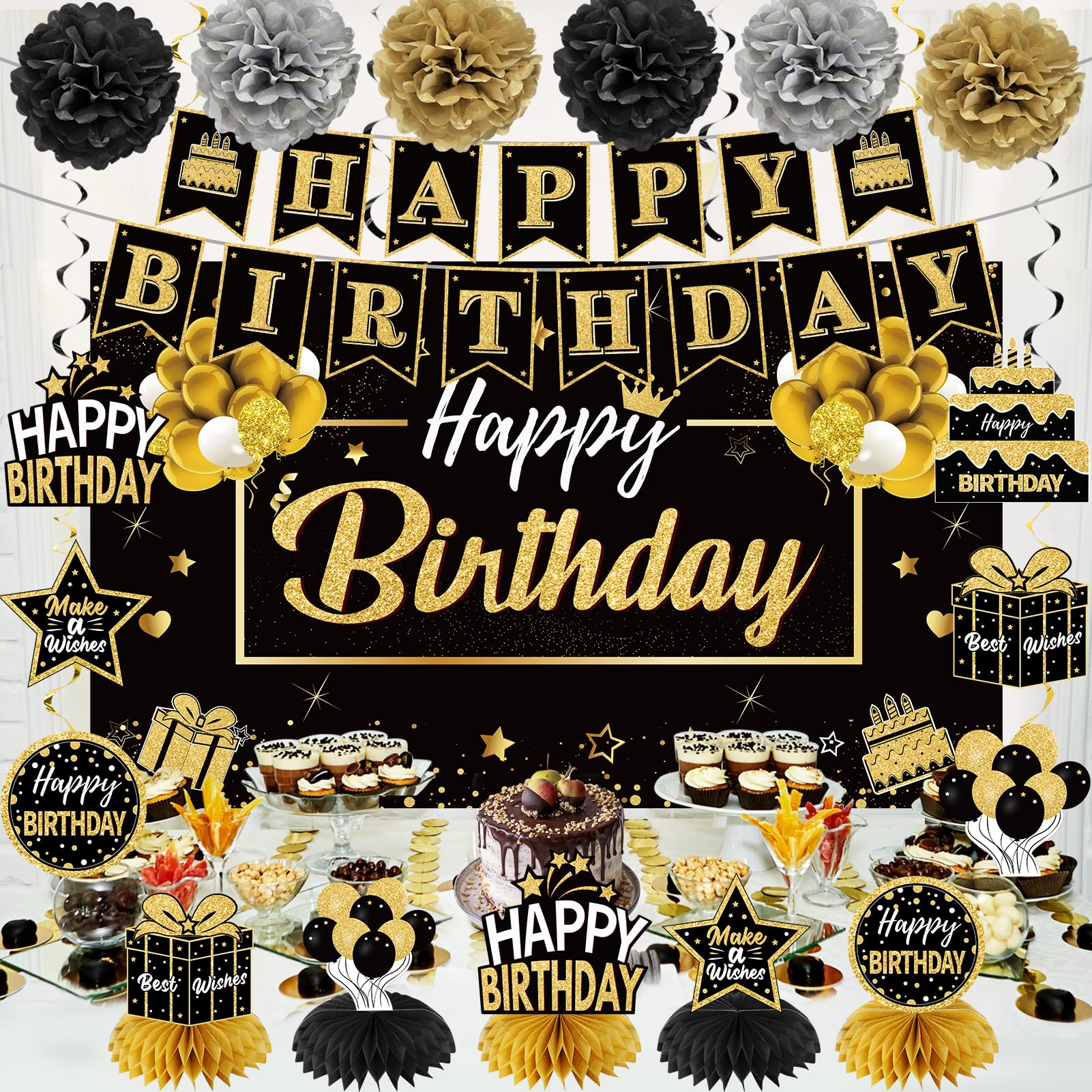Zirtorei 20Pcs Black And Gold Birthday Party Decorations Kit For Men Women, Happy Birthday Banner Backdrop Honeycomb Centerpiece
