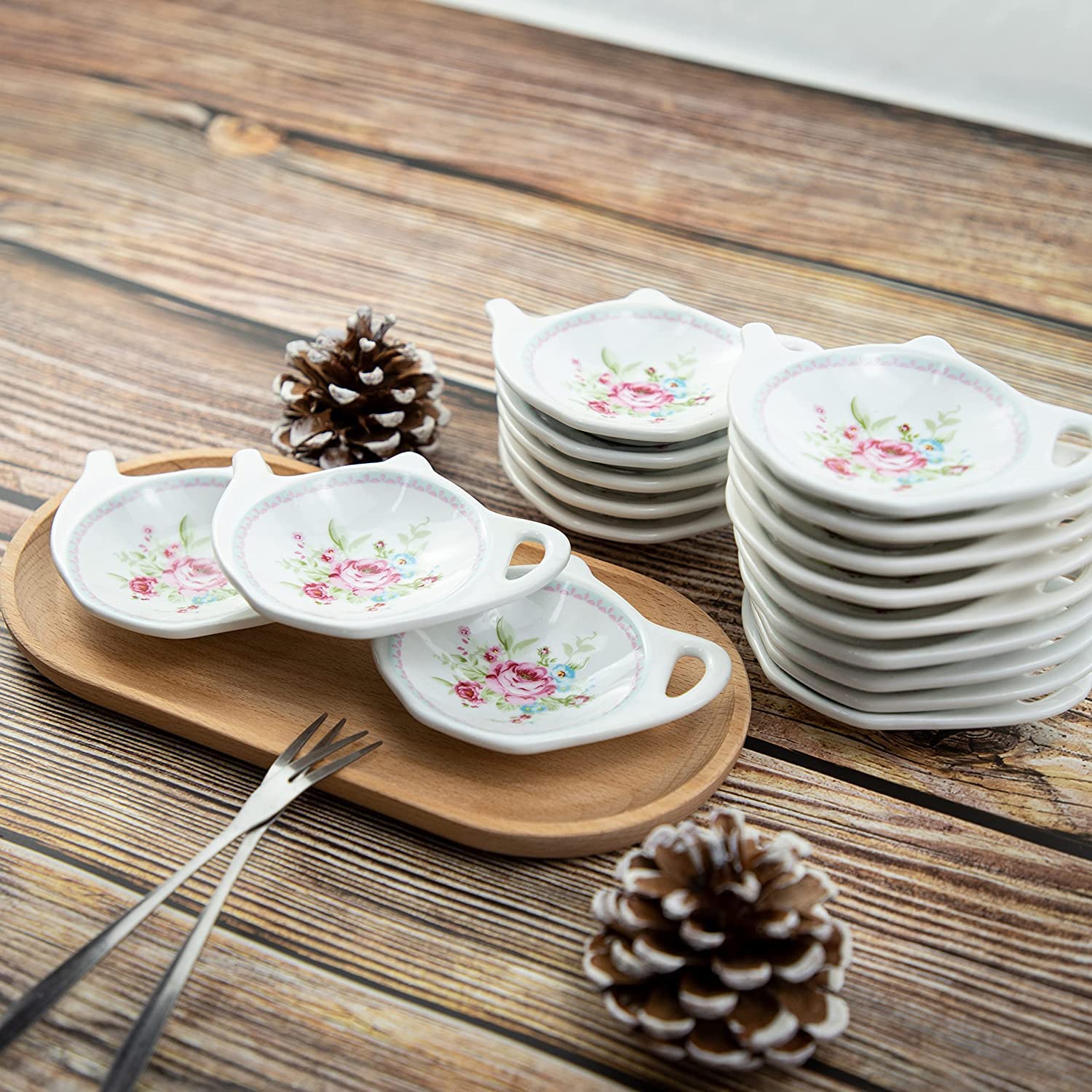 Socosy Vintage Flower Porcelain Tea Bag Holder Teapot Shaped Tea Bag Coaster, Little Spoon Rest Tea Accessories Resting Caddy Se