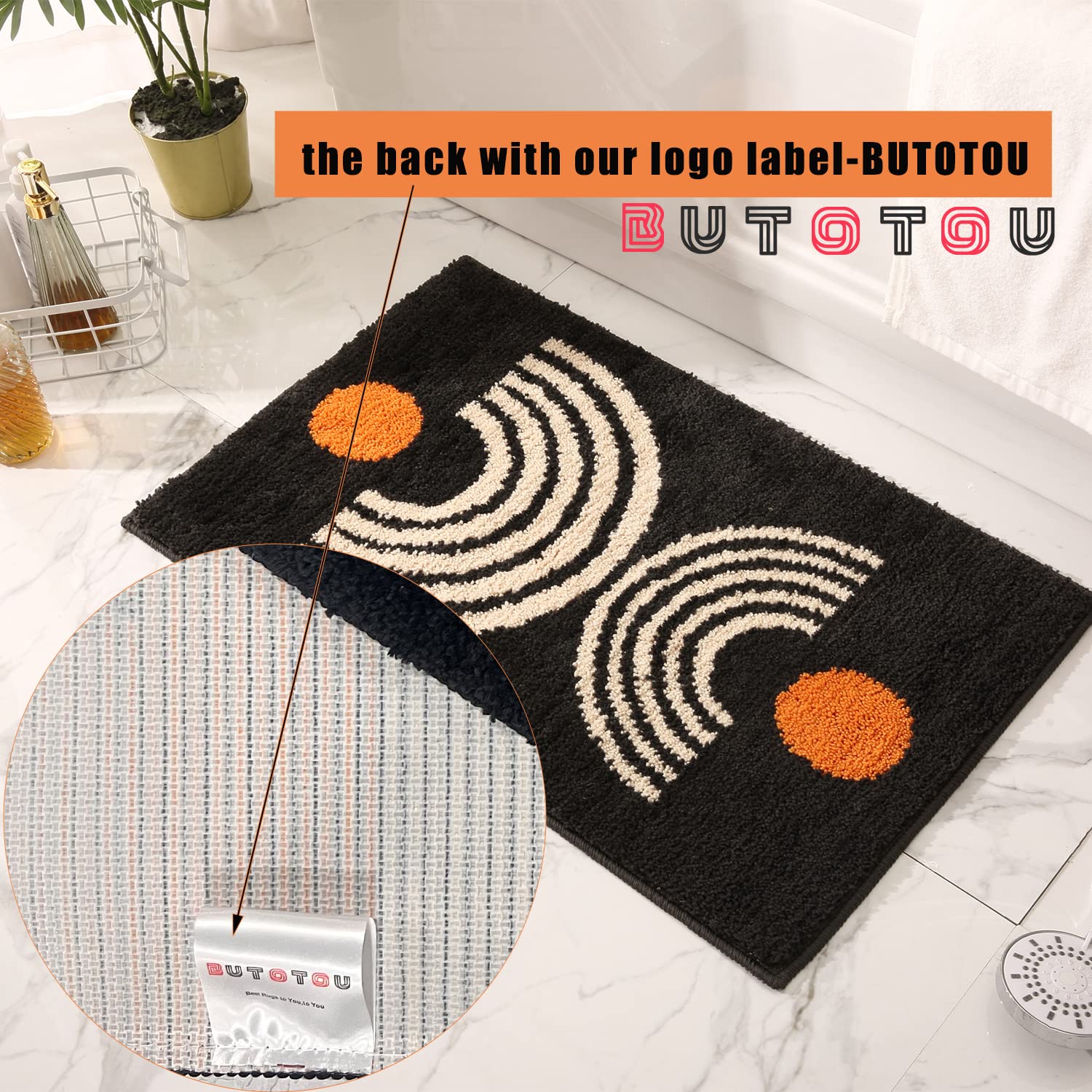 Dbjoy Boho Bathroom Rugs Non-Slip Abstract Bath Rugs Microfiber Cute Mat Black Washable For Tube/Washbasin/Toilet (Black-Music,