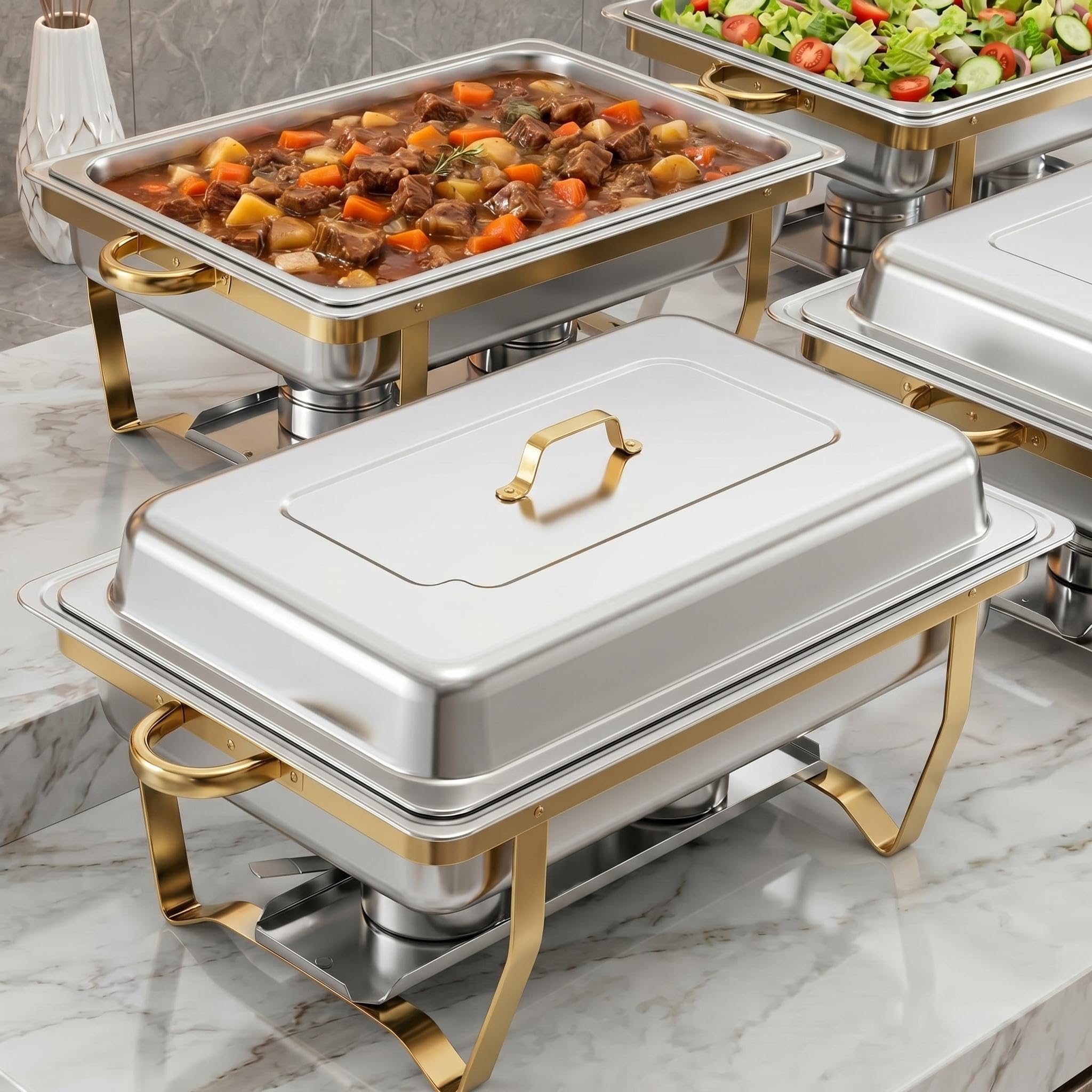GarveeHome Chafing Dishes for Buffet 4 Pack, 8 Qt Stainless Steel Chafers and Warmers Sets with Lid, Rectangle Serving Food Warm