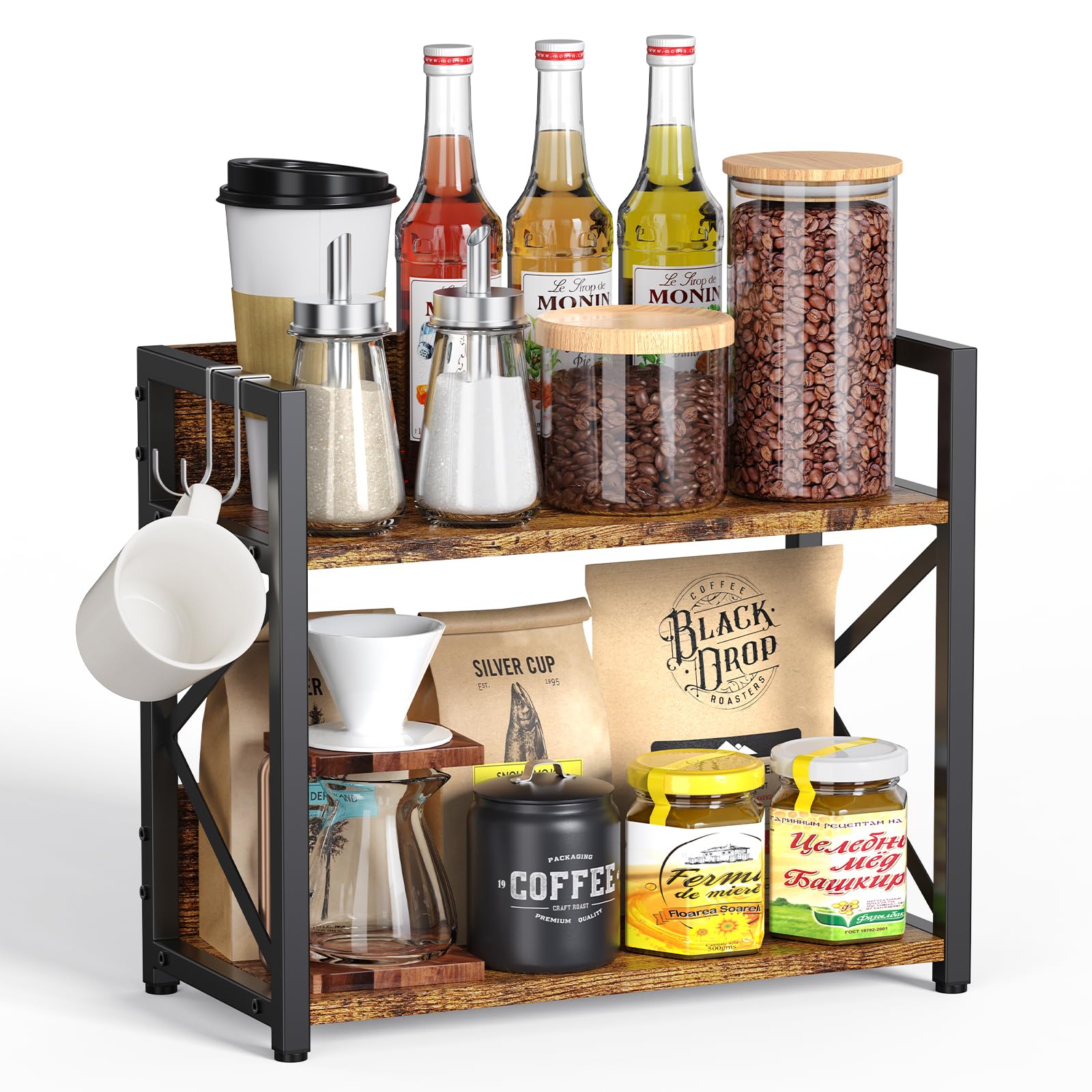 RUILALIFE Coffee-Bar-Station-Organizer Shelf for Countertop, 2 Tiers Kitchen Counter Shelf Riser, Wooden Spice Rack Organizer, C