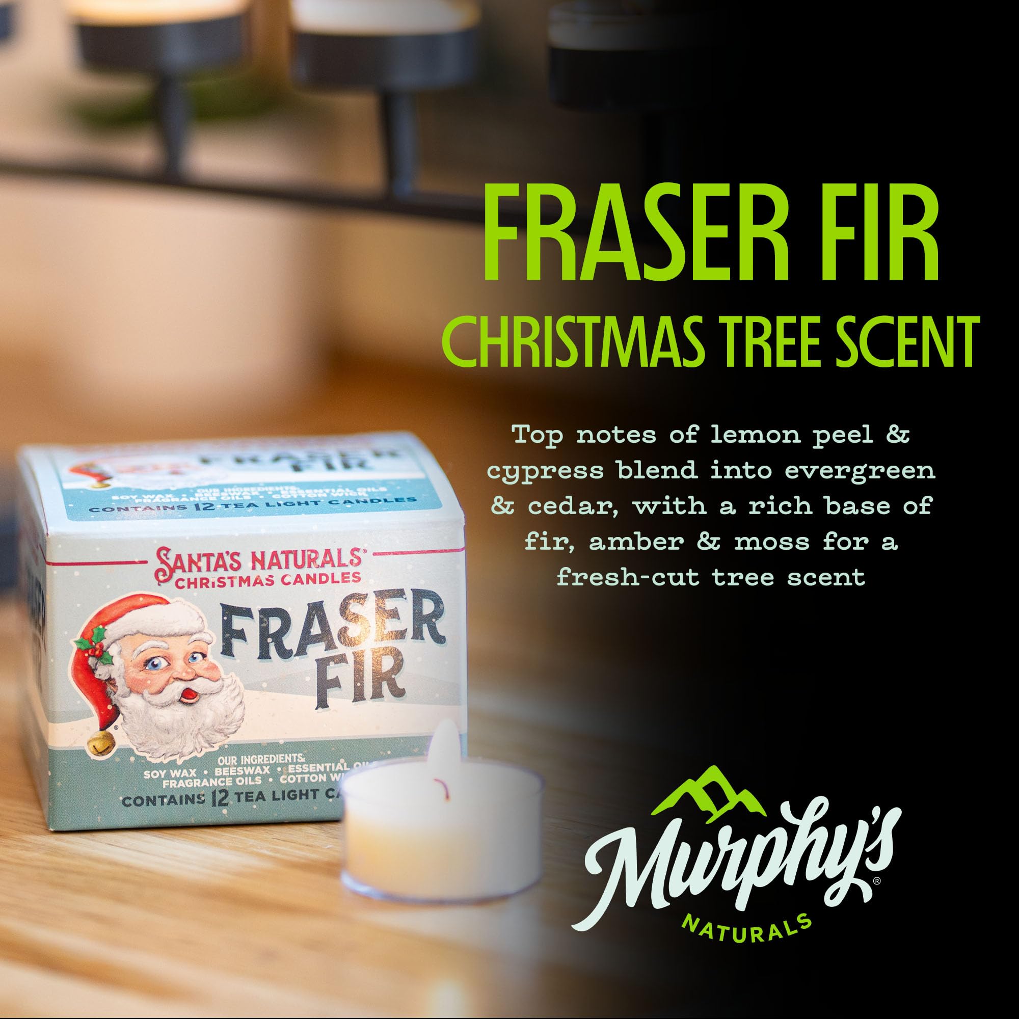 Santa s Naturals Fraser Fir Christmas Tea Light Candles for Holidays & Gifts, Fresh Cut Tree Scent, Soy & Beeswax Blend, 4-Hour