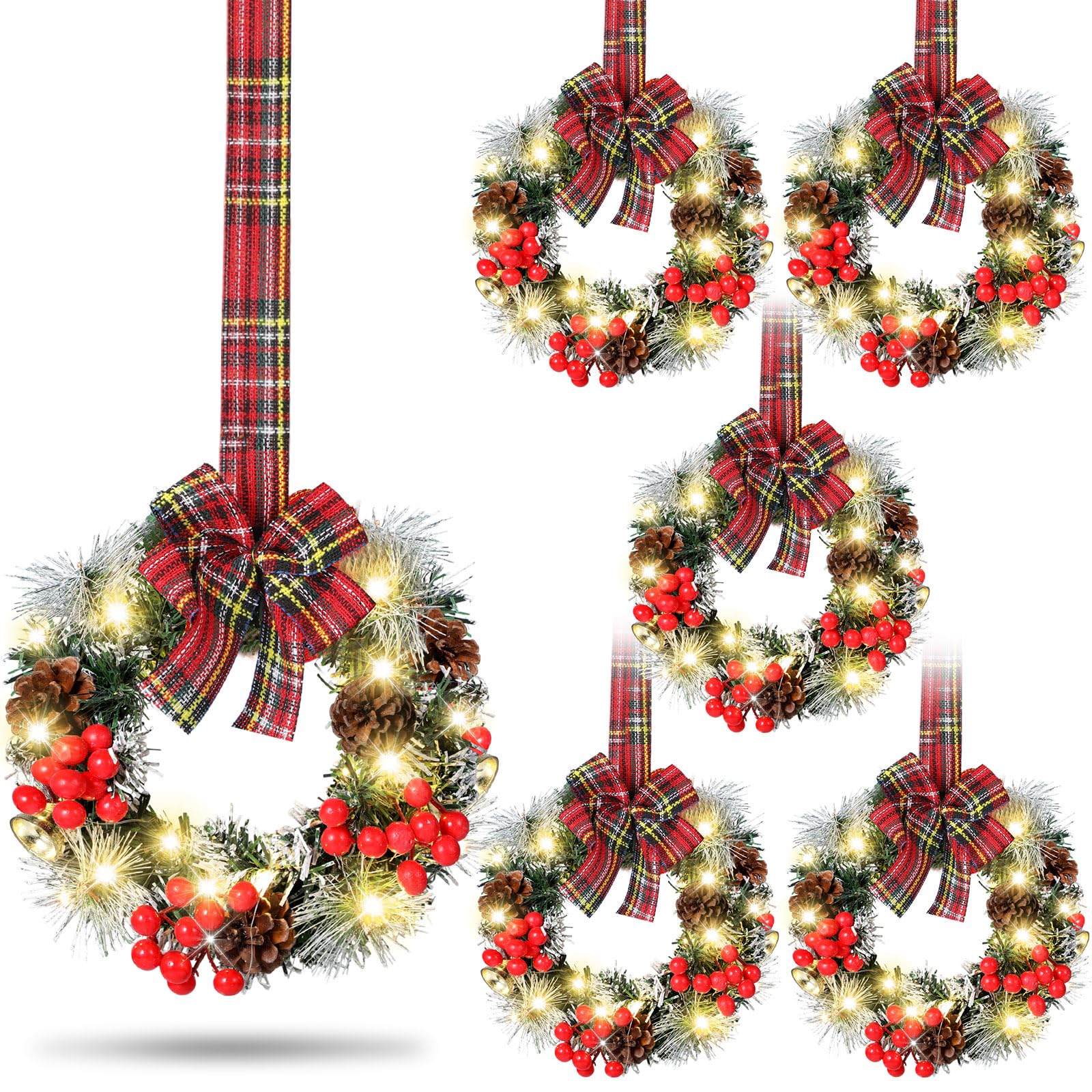 Yuxung 6 Pcs Cabinet Wreath with Lights Prelit Artificial Small Christmas Wreath Pinecone Front Door Wreath with Bow Xmas Hangin