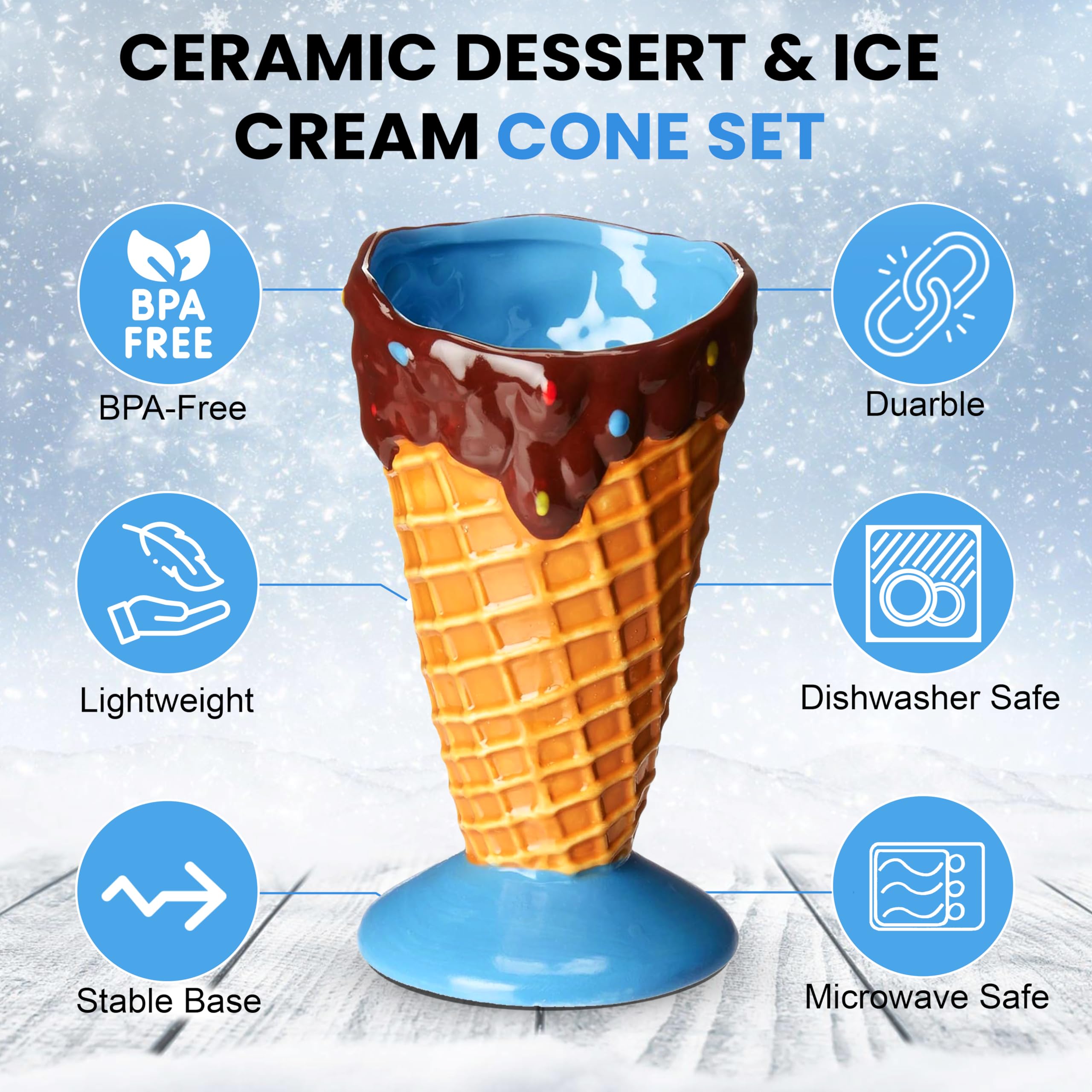 Kovot Ceramic Dessert & Ice Cream Cone Set - Includes 4 Ceramic Cones And 4 Metal Spoons
