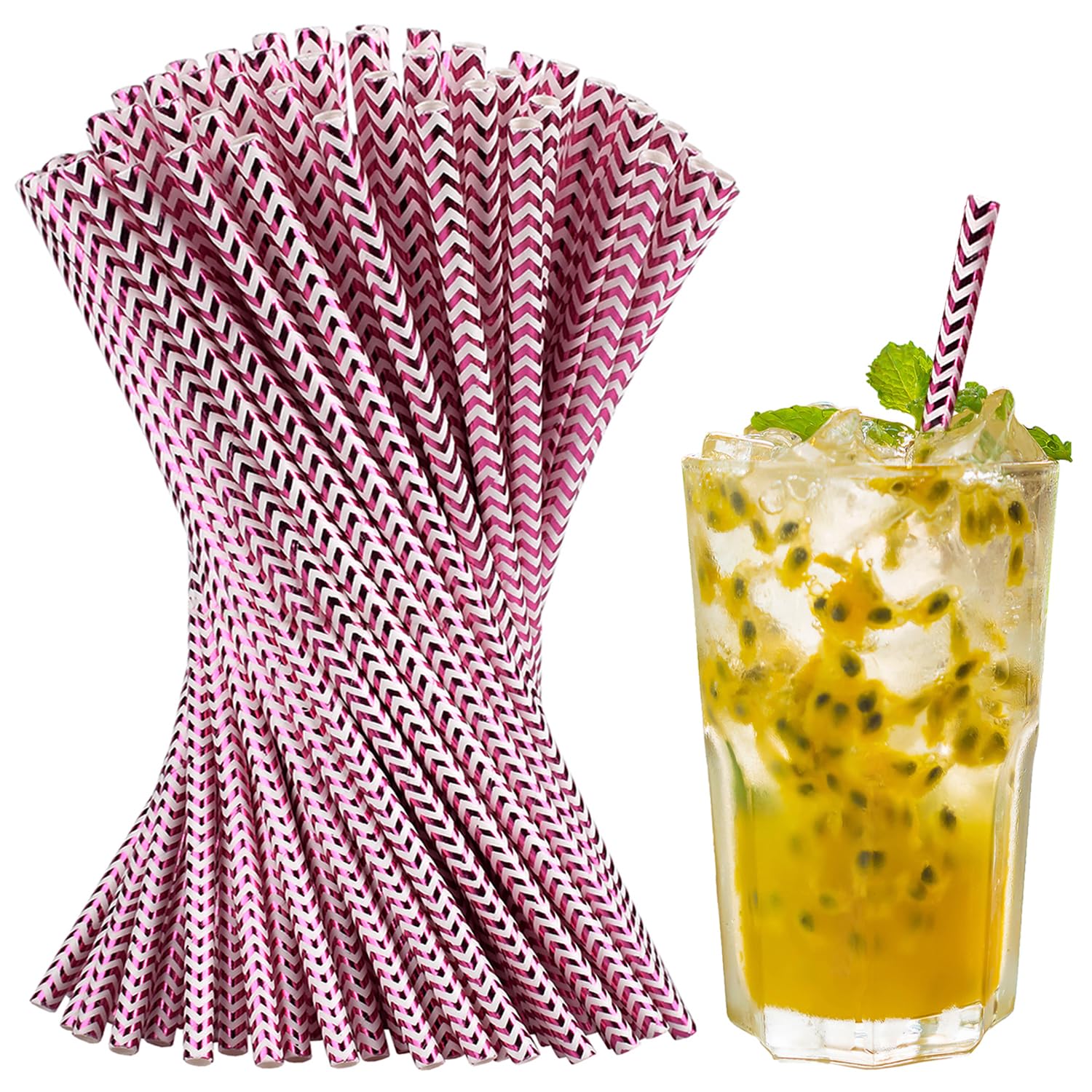 Paktalk Paper Straws Disposable, 100Pack Metallic Rose Gold Wave Paper Straws For Drinking, Crafts, Valentines, Holiday, Party (