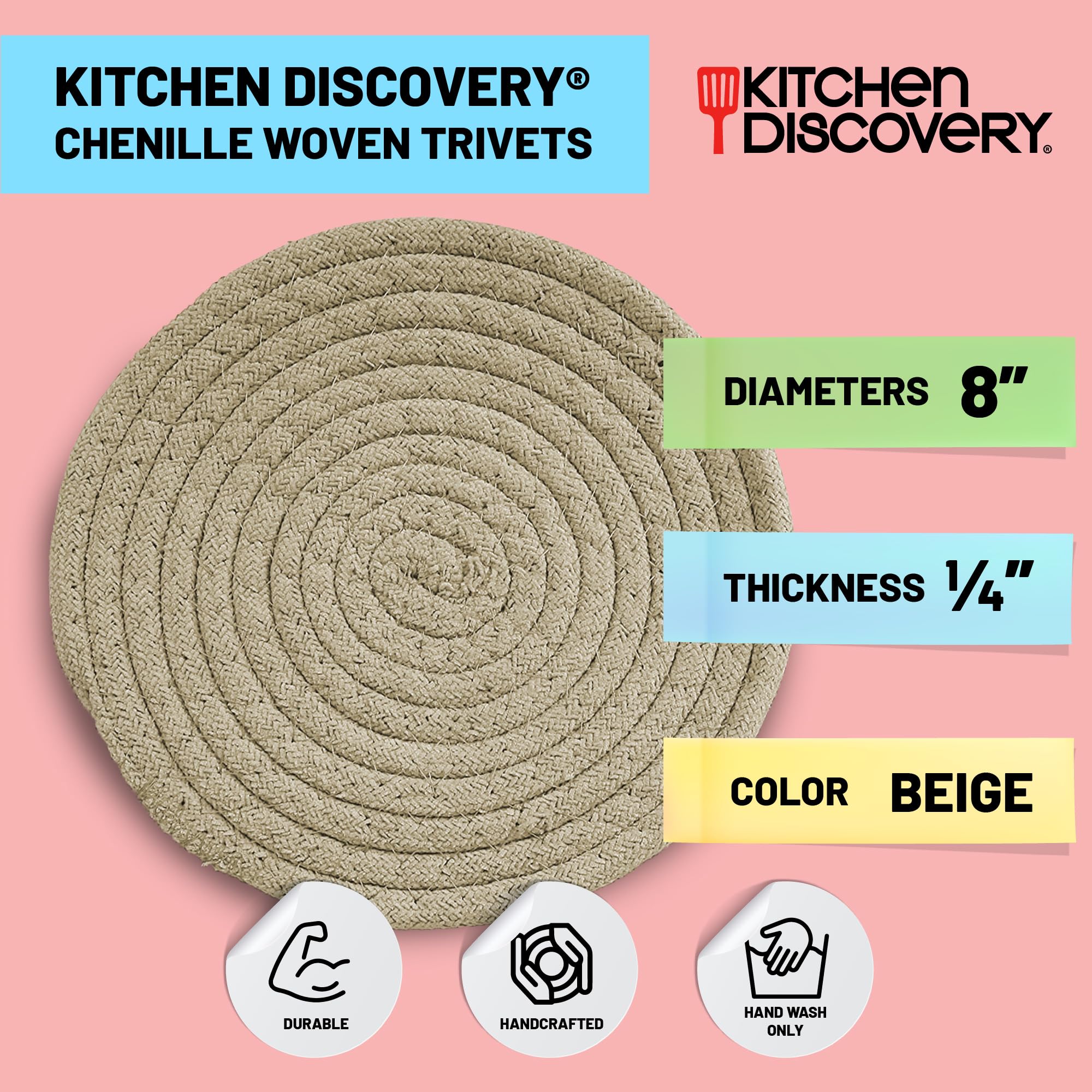 Trivets For Hot Pots And Pans - Kitchen Discovery 8'' Chenille Trivets - Set Of 3 Large Woven Hot Pan Holders. Decorative Dining