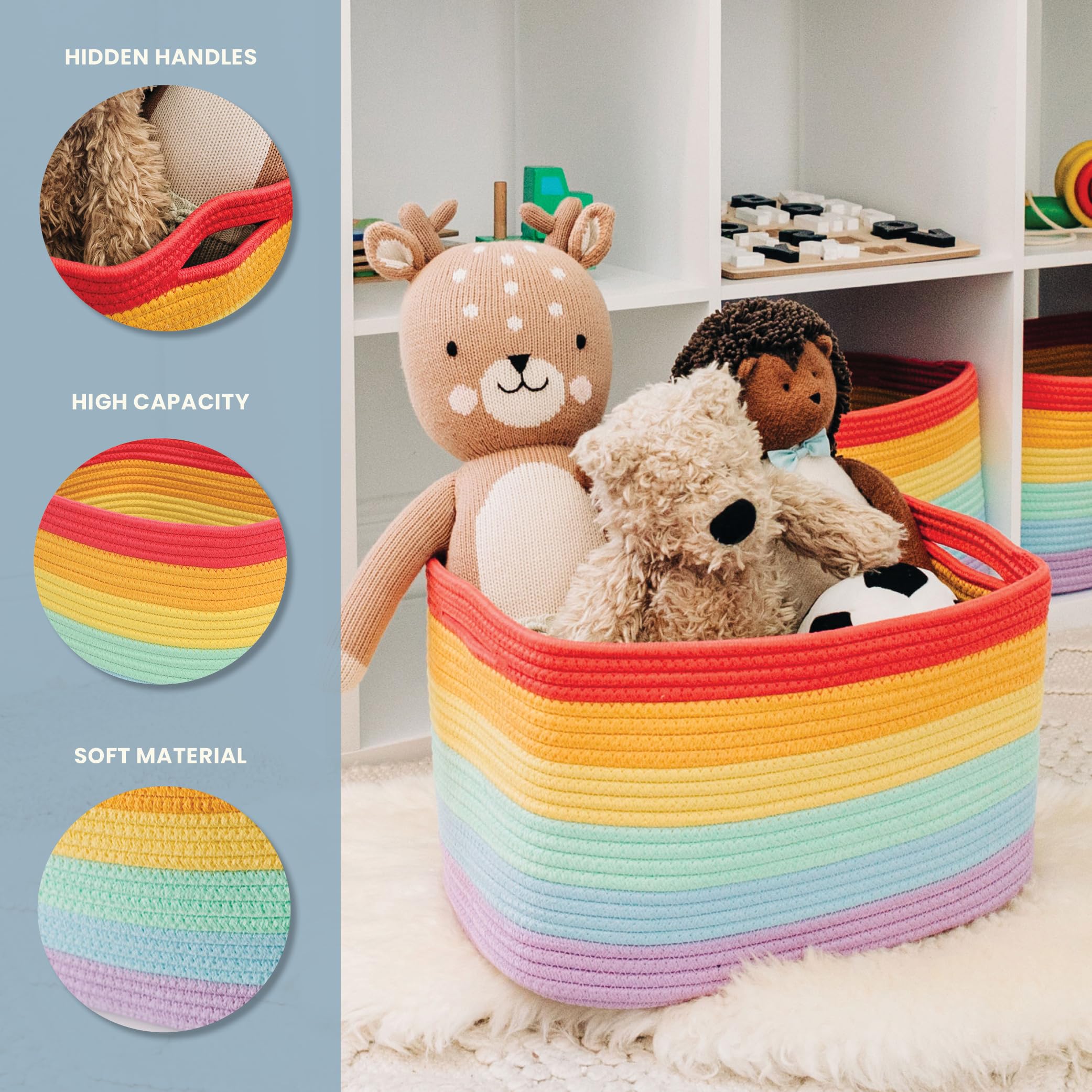 OrganiHaus 3-Pack Rope Rainbow Storage Baskets for Shelves | for Classroom and Nursery | Storage Bins & Toy Organizer for Baby Room