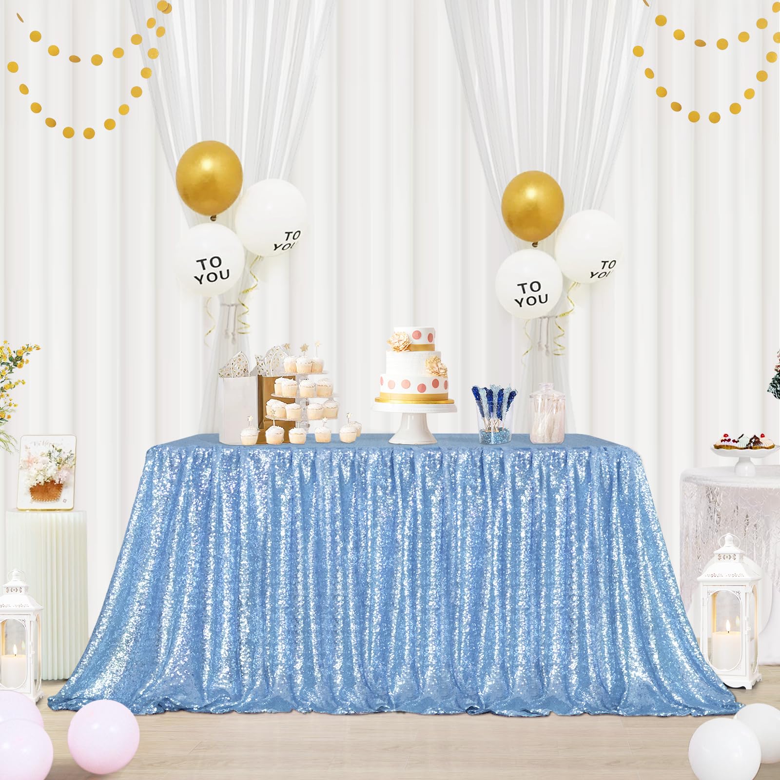 Eternal Beauty Baby Blue Sequin Tablecloth 60 x 102-Inch Sparkly Overlay Rectangle Glitter Table Cover for Wedding Party Birthda