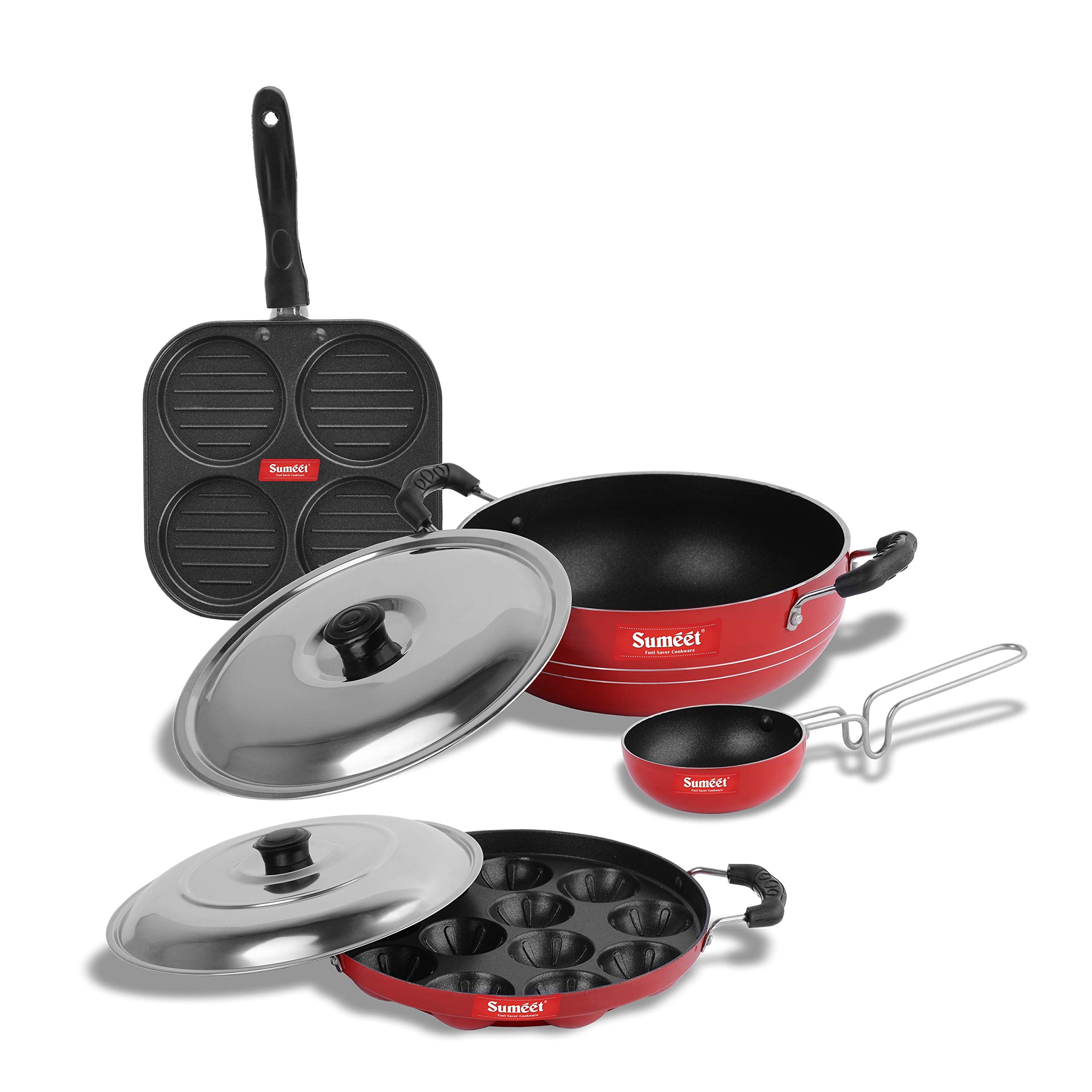 Sumeet 2.6Mm Thick NonStick Rua Cookware Set (Mini Multi Snack Maker  19.5Cm Dia + Kadhai With Lid  1.5Ltr + Grill Appam Patr