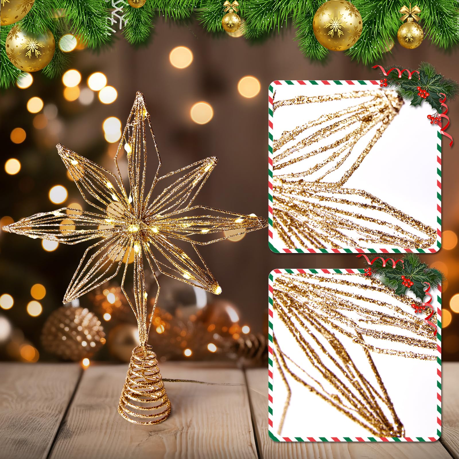 Christmas Tree Topper 10 Golden Glittered Star Tree Topper with 30 LED Lights Xmas Tree Topper Star for Xmas Decorations Ornamen