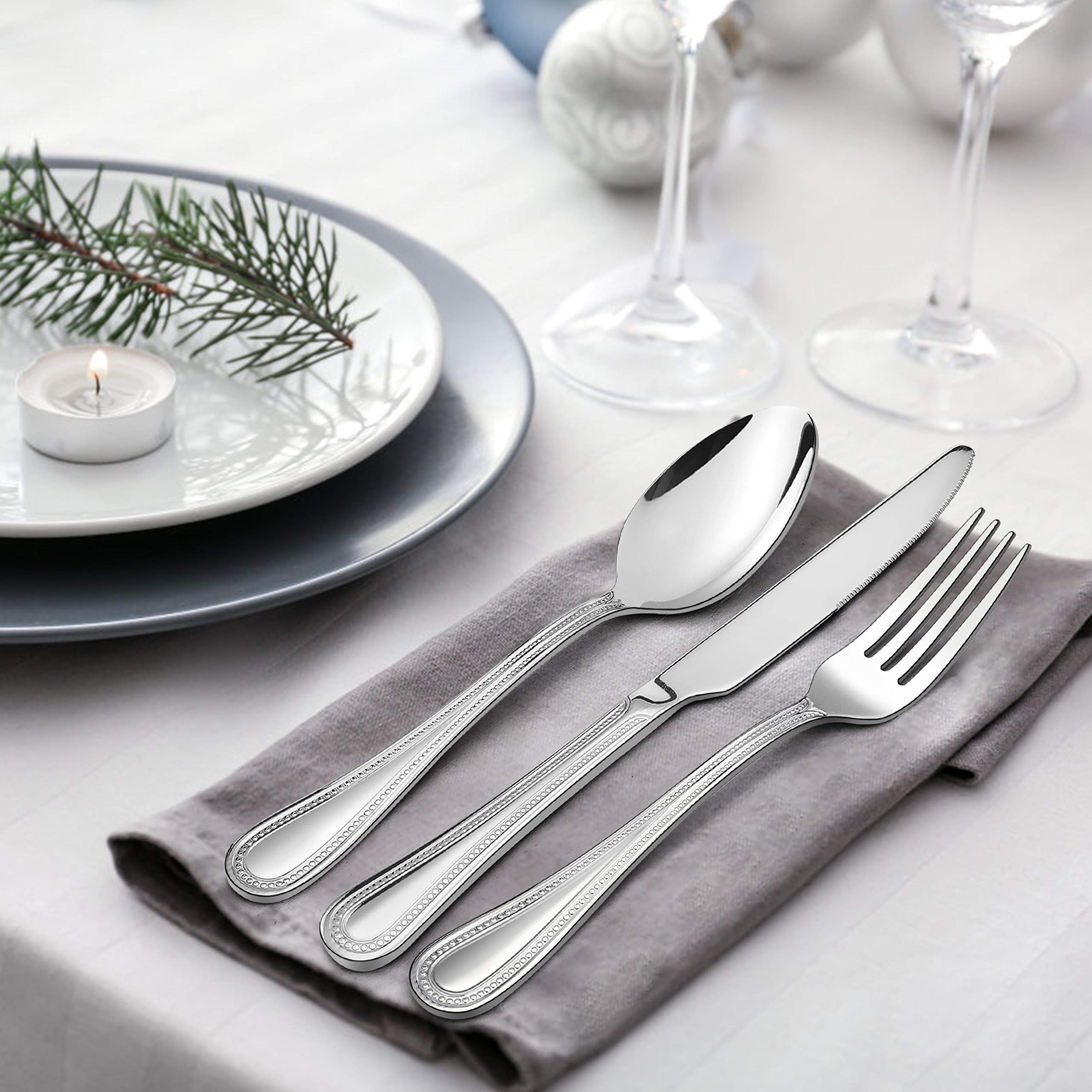 45-Piece Silverware Set With Serving Utensils, Haware Stainless Steel Flatware Service For 8, Pearled Edge Tableware Cutlery For