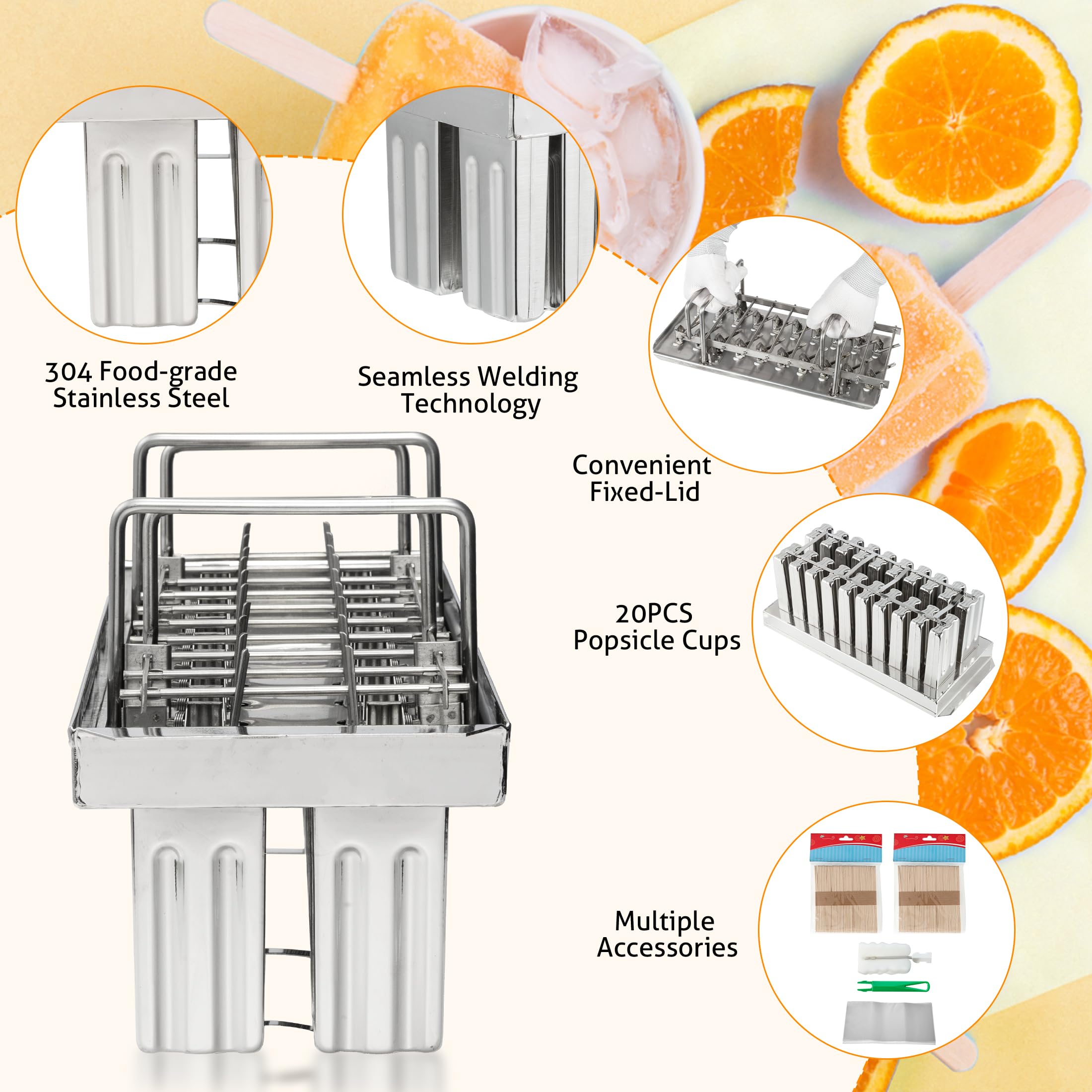 Wichemi Stainless Steel Popsicle Molds Commercial Ice Pop Molds 20Pcs Ice Lolly Popsicle Mould Ice Cream Maker Mold Stick Holder