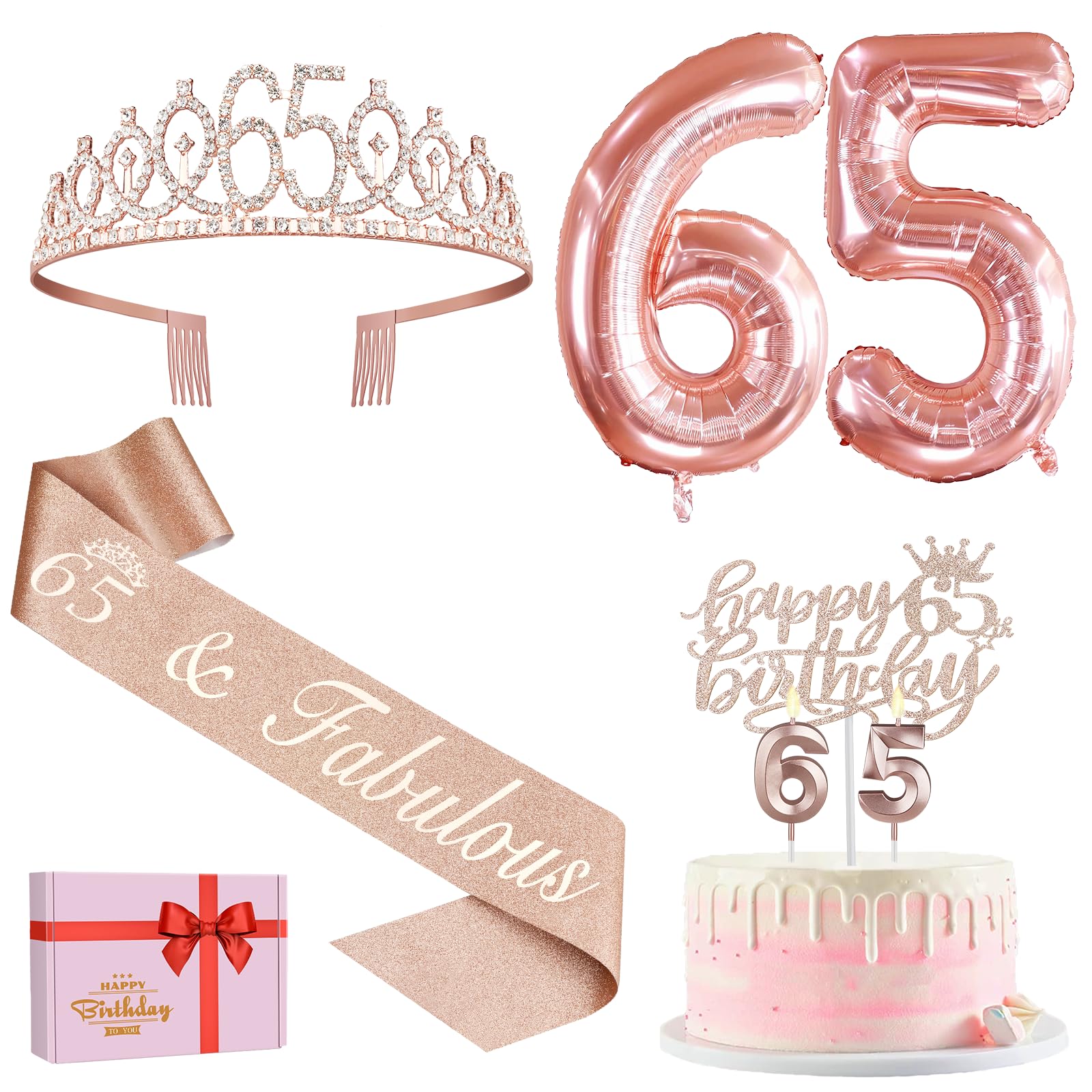65Th Birthday Decorations For Women, Including 65Th Birthday Sash And Tiara, Birthday Cake Topper And Number 65 Candles, 65 Ball