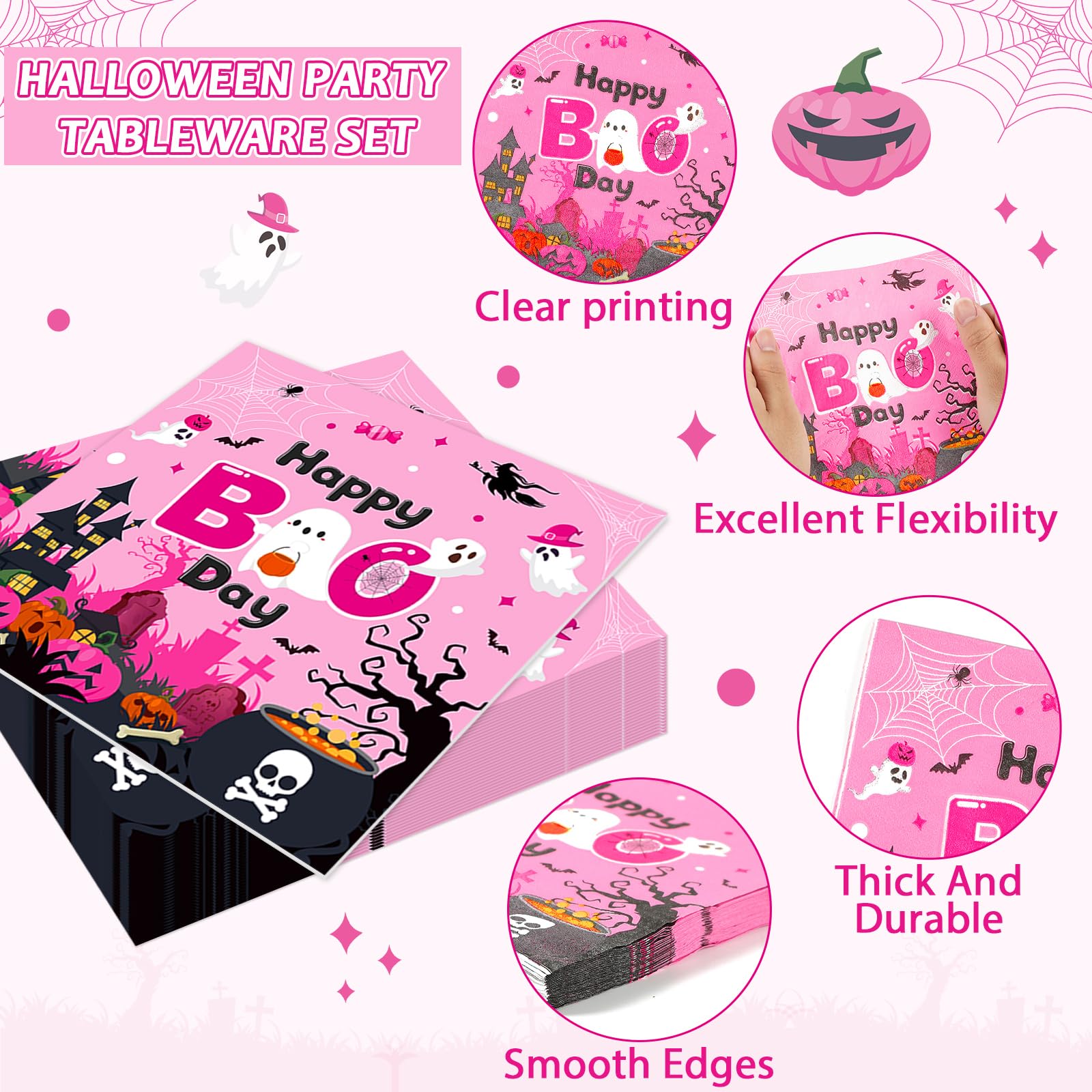 96Pcs Halloween Happy Boo Day Party Supplies Pink Ghost Pumpkin Paper Plates Napkins Ghost Theme Party Decoration Little Boo Gho