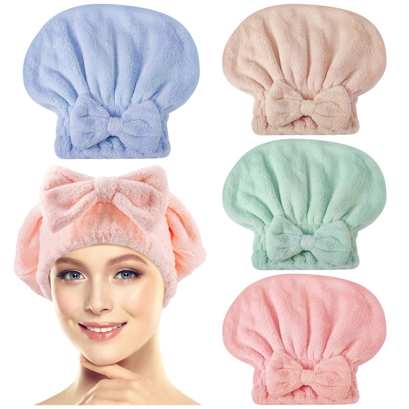 IJRPLM 4 Pack Microfiber Hair Towel Cap,Super Absorbent Hair Towel Wrap Drying Hair Cap,Soft Microfiber Hair Drying Towel Cap wi