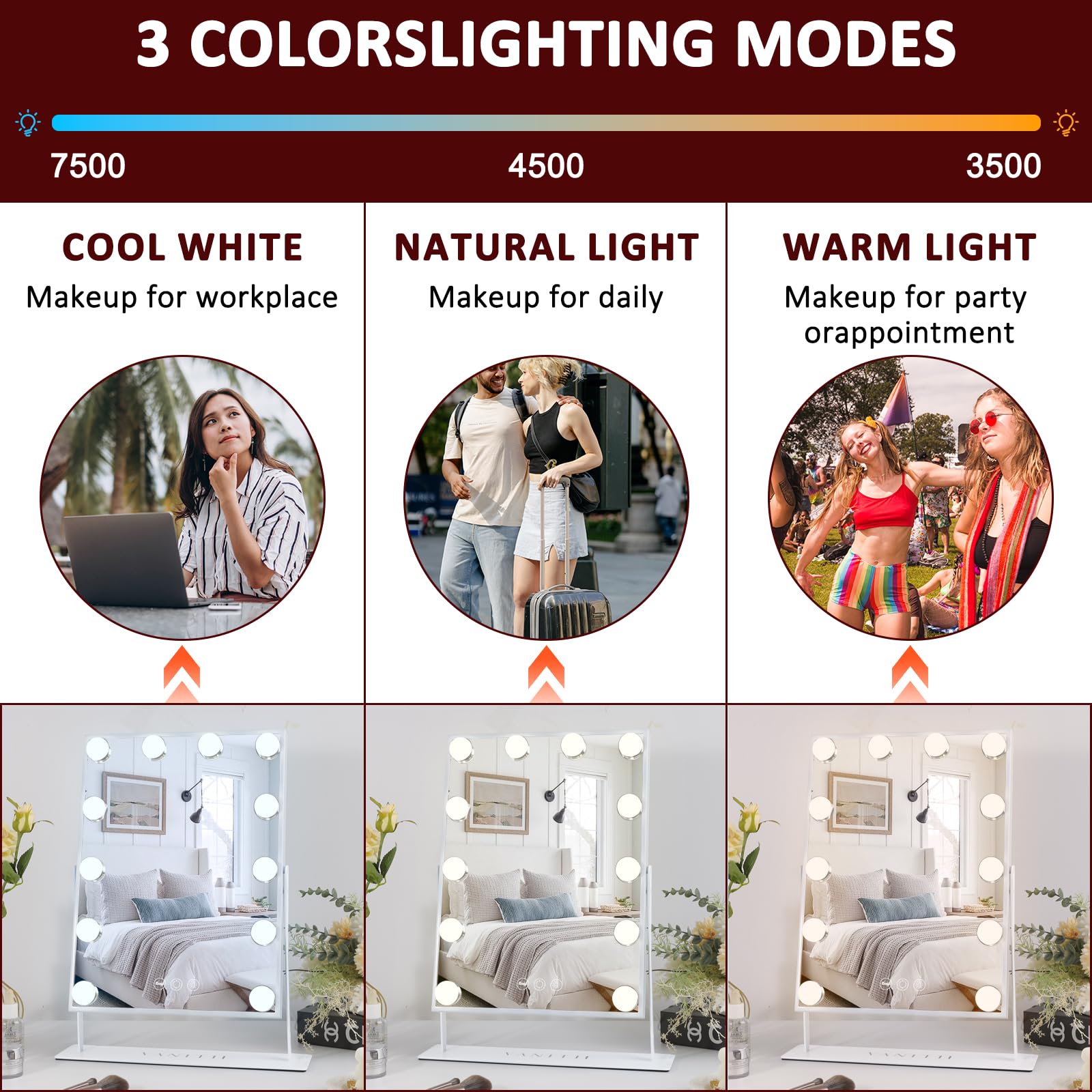 Vanitii Lighted Vanity Hollywood Mirror With Lights Makeup Mirror With 12 Dimmable Bulbs Smart Touch Control 3 Colors Light For