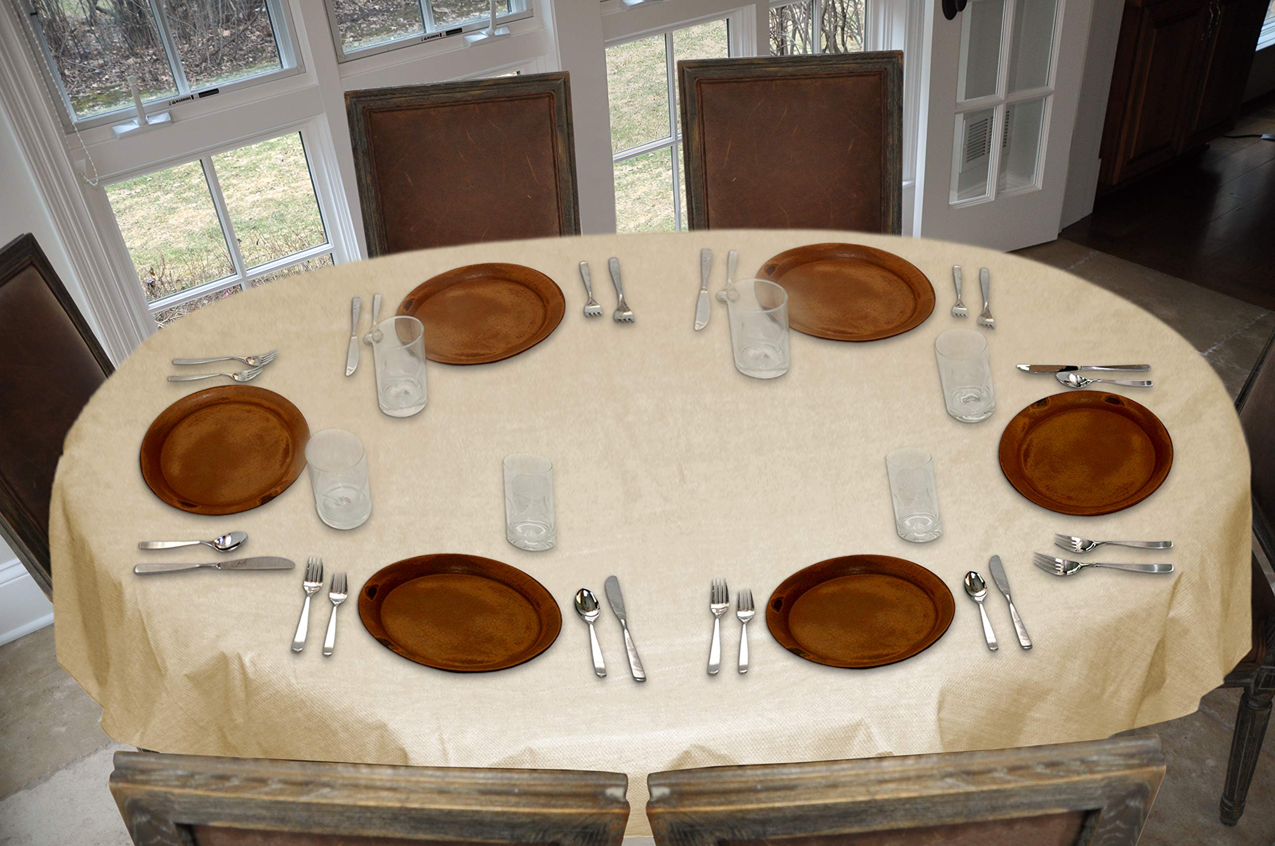 Laminet Stitched Edge Drop Tablecloth - Basketweave (Beige) - Oval - Fits Tables Up To 54 X 72