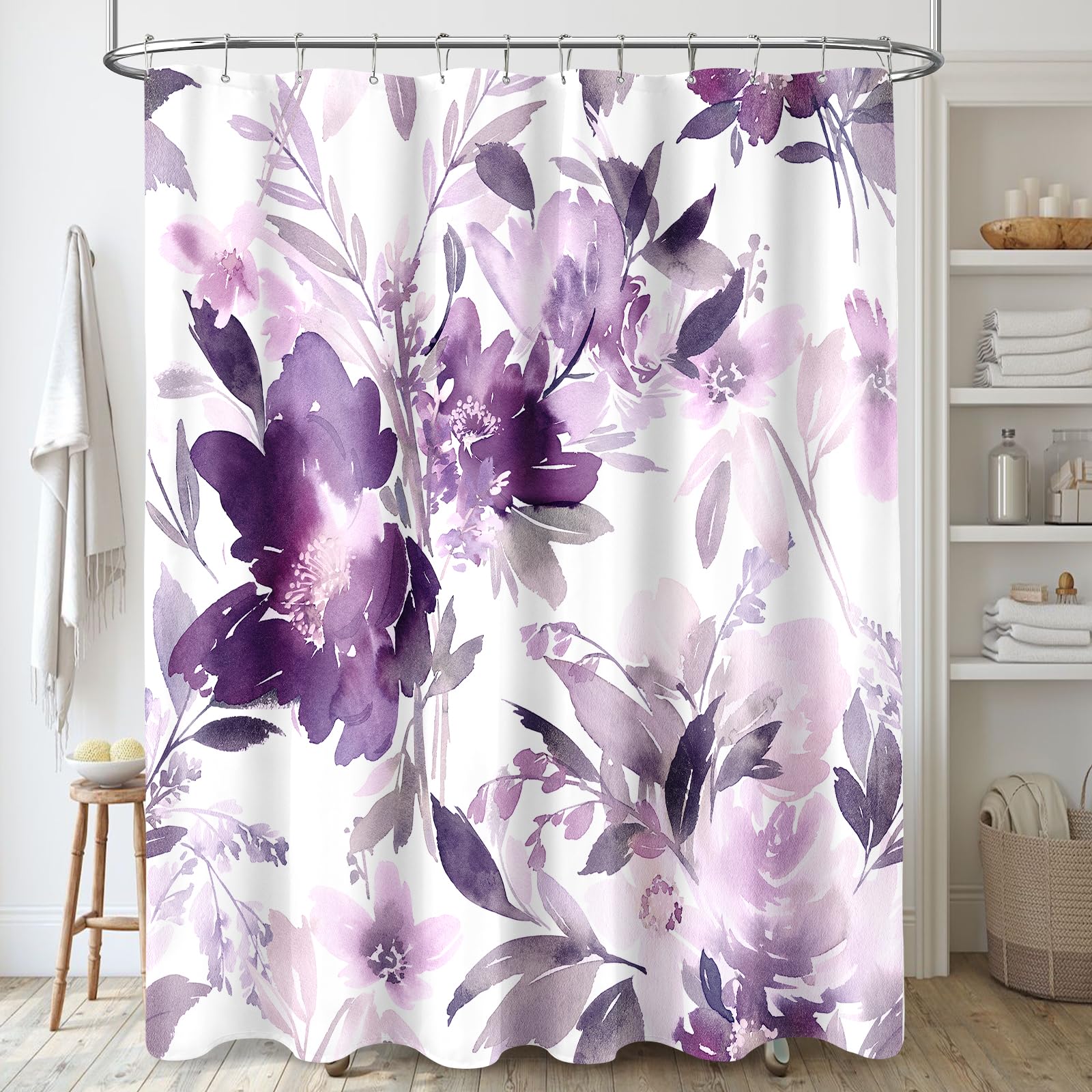 Mayzus Extra Long Shower Curtain 72 X 84 Inch, Tall Watercolor Floral Fabric Shower Curtain, Modern Abstract Purple Flower Bathr