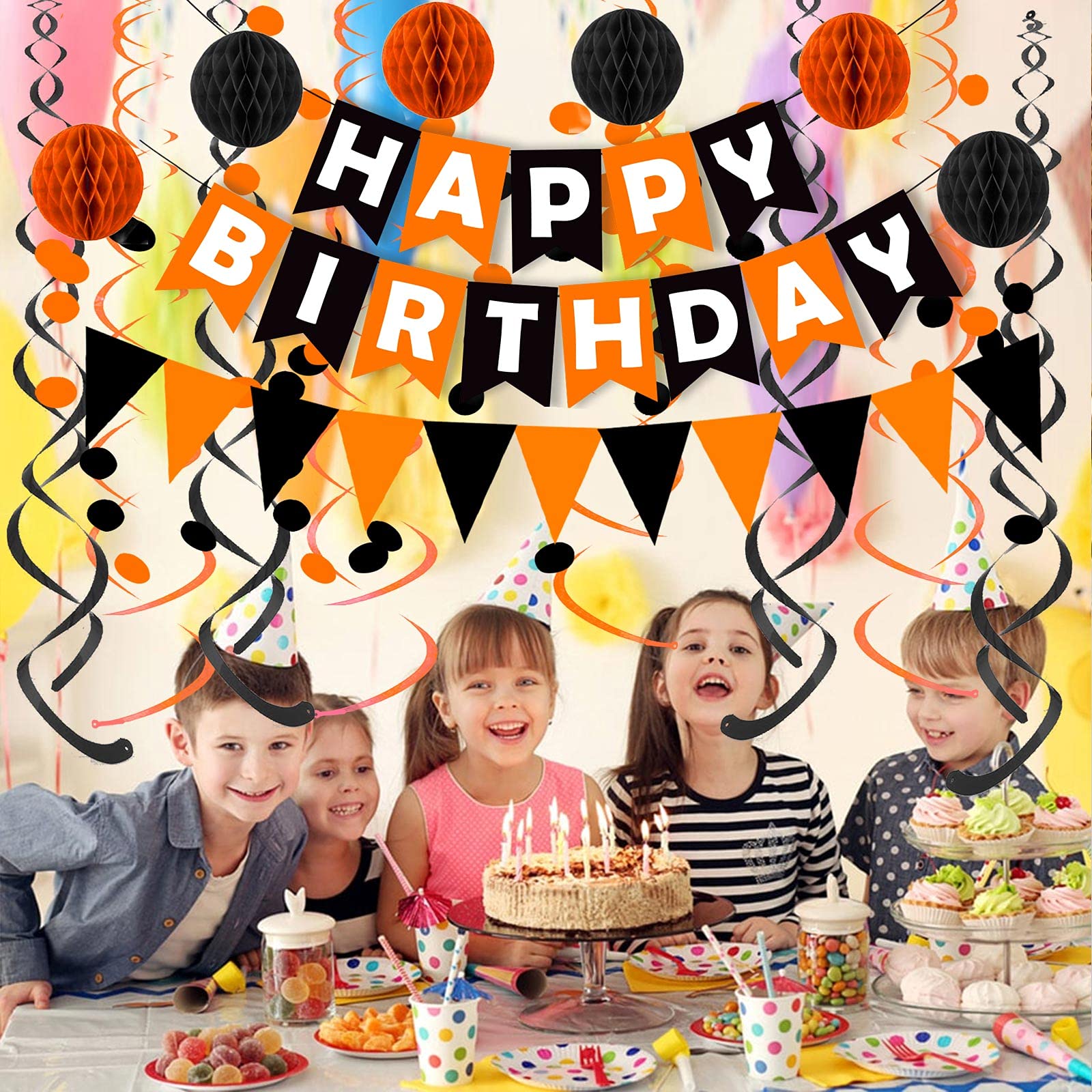 Fecedy Black Orange Happy Birthday Banner Paper Triangle Flag Bunting Circle Confetti Dots Hanging Garland And Honeycomb Ball Sw