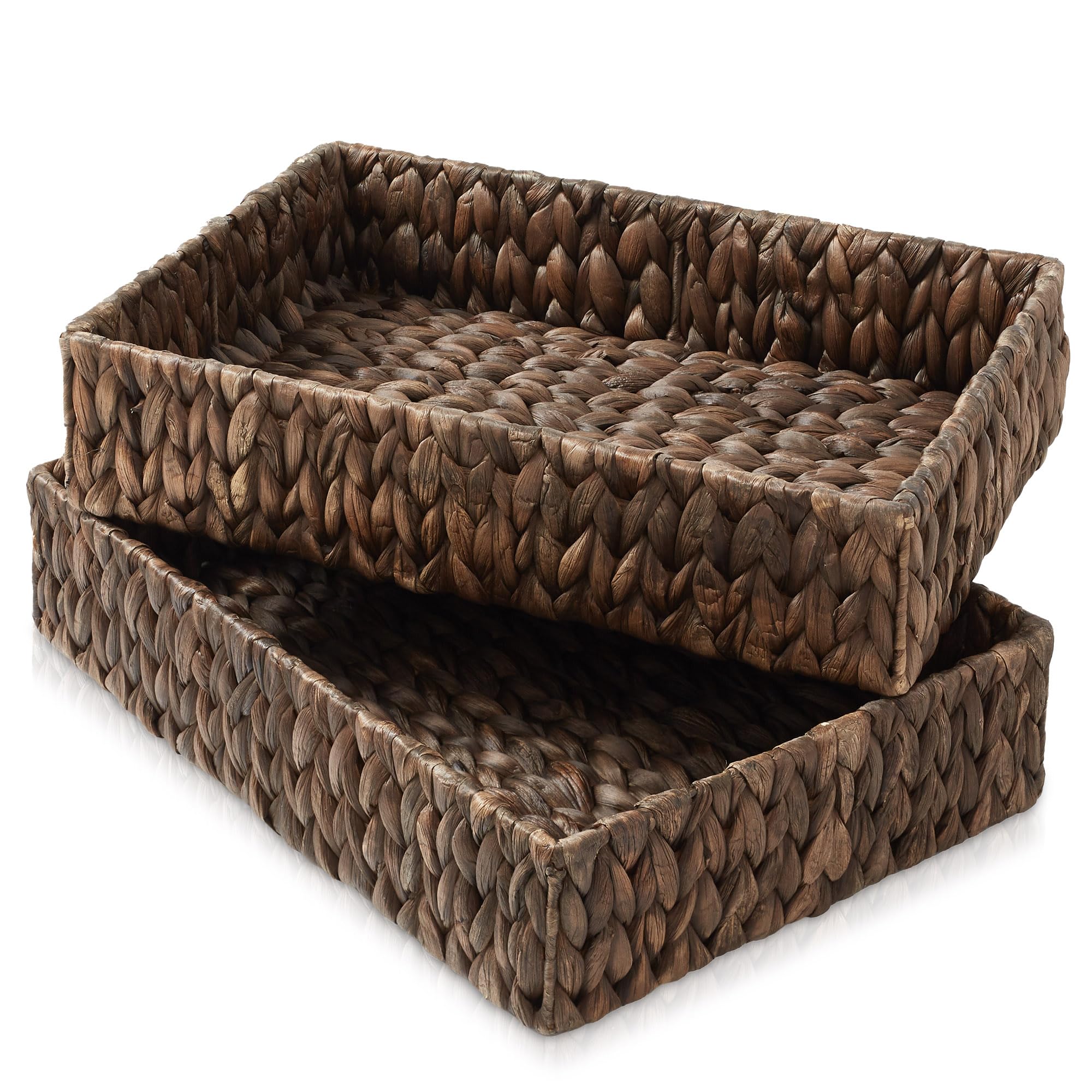 Casafield Set Of 2 Bathroom Storage Baskets, Espresso - Water Hyacinth, 15.75'' W X 11.25'' D X 3.25'' H, Woven Toilet Tank Topp