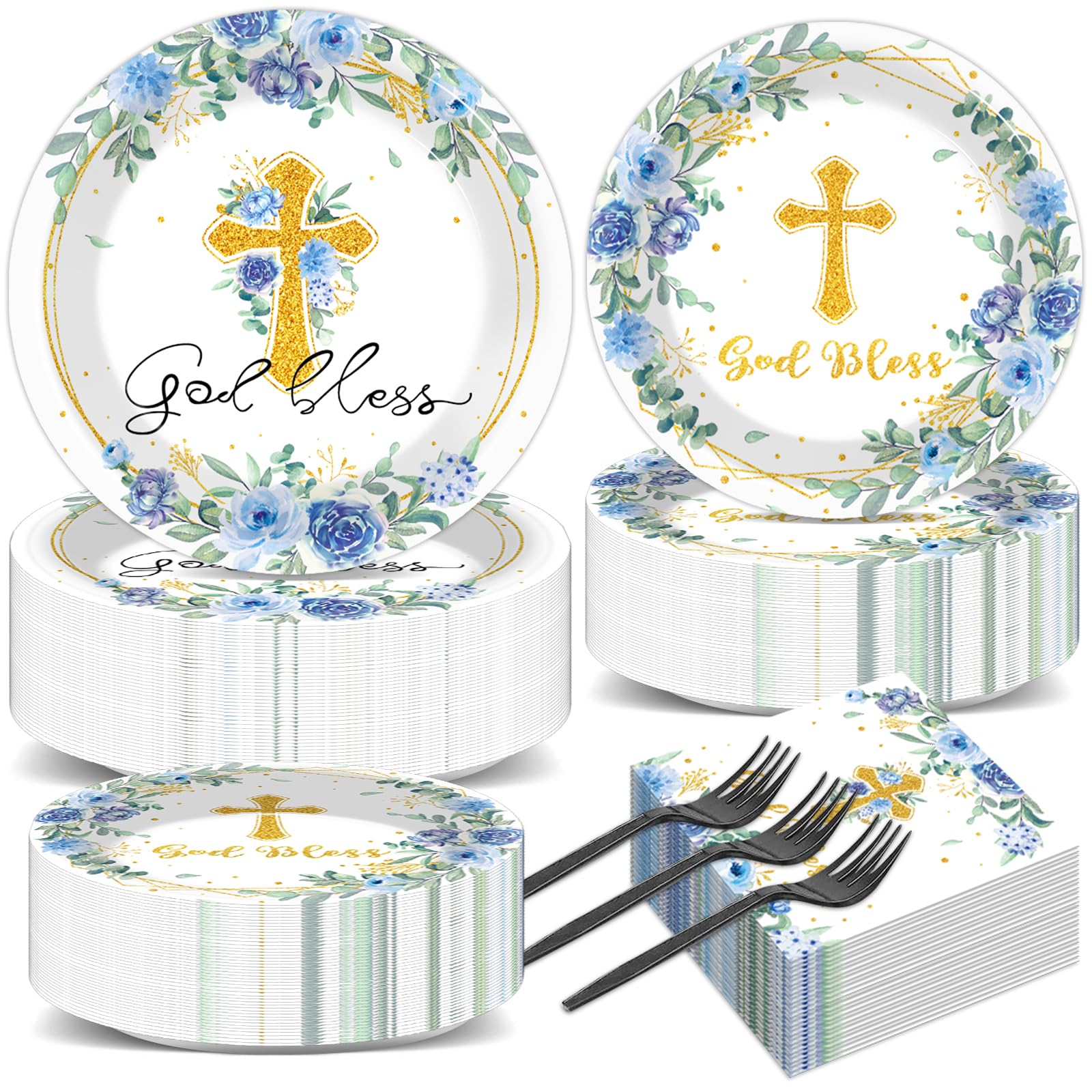 200pcs God Bless Plates Napkins Baptism Paper Tableware Set First Holy Communion Cake Dessert Disposable Dinnerware Blue Floral 