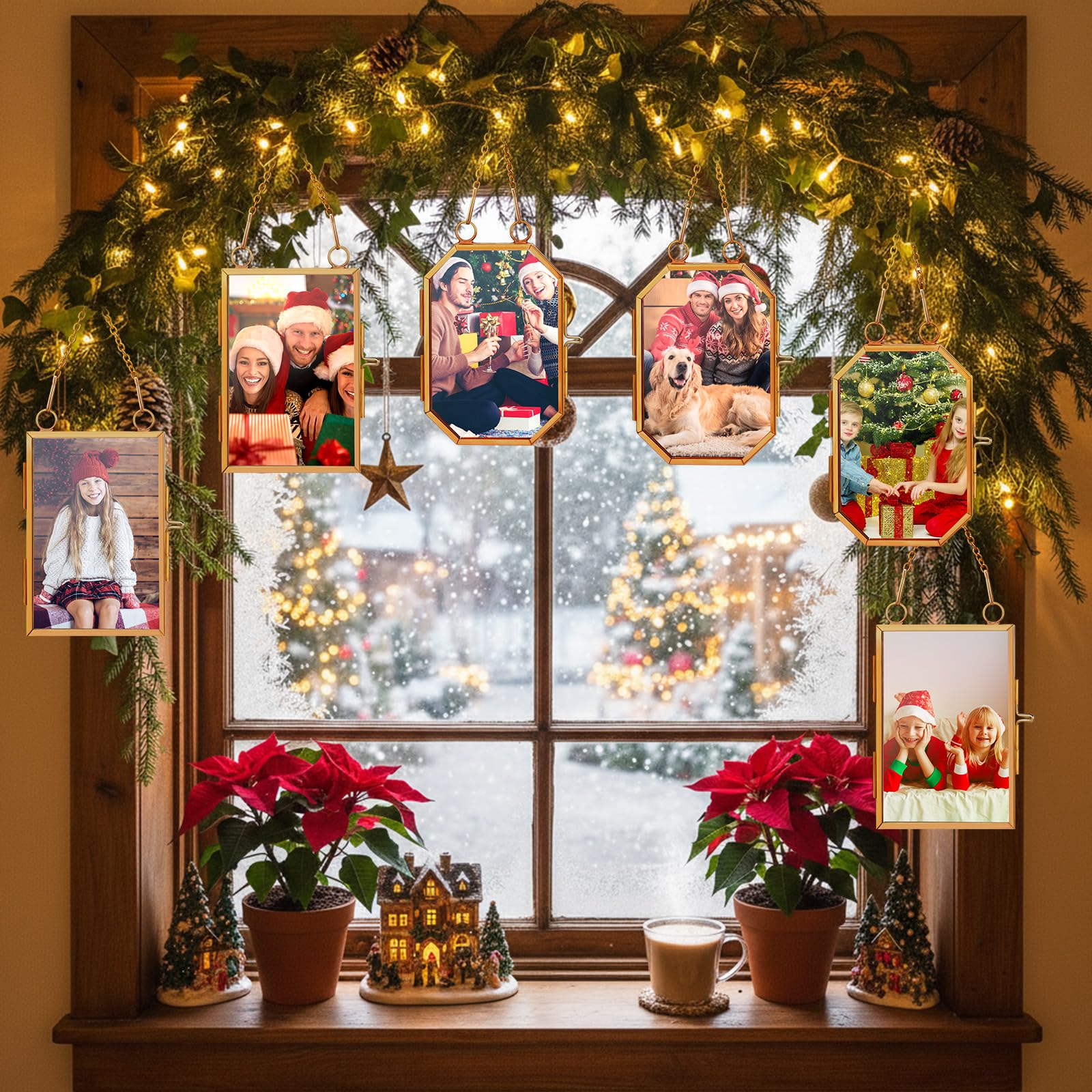 Qunclay 6 Pcs 2.5 x 3.5    2 x 3 Christmas Brass Picture Frame Ornaments Octagonal Rectangular Christmas Metal Double Glass Hang