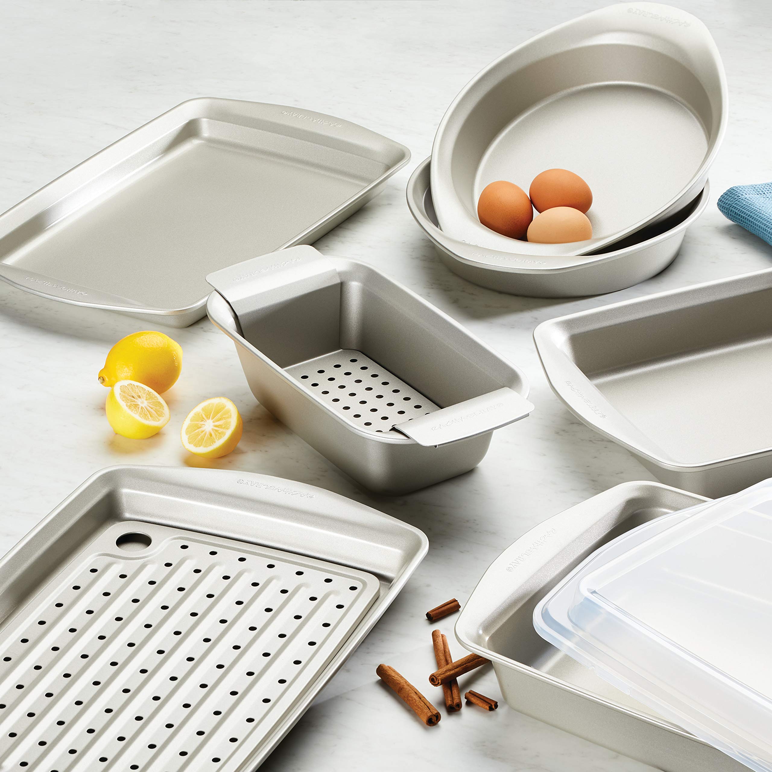 Rachael Ray Nonstick Bakeware Set Without Grips Includes Nonstick Baking Pan With Lid And Muffin Pan / Cupcake Pan - 3 Piece, Si