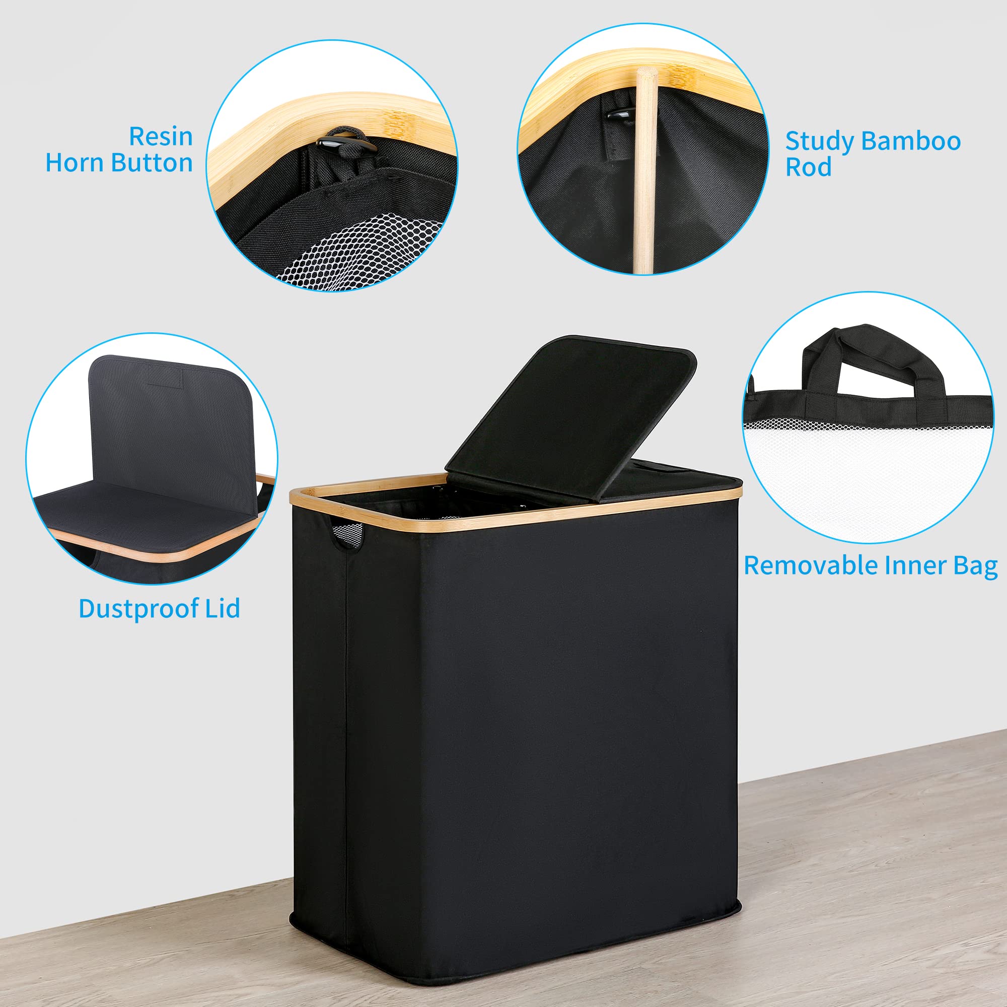 efluky Laundry Hamper with Lid  Double Laundry Hamper with 2 Removable Bags  2 Section Laundry Hamper with Bamboo Handles for Bedroom  Bathroom & Laundry Room  140L (36.9 Gallon) Black
