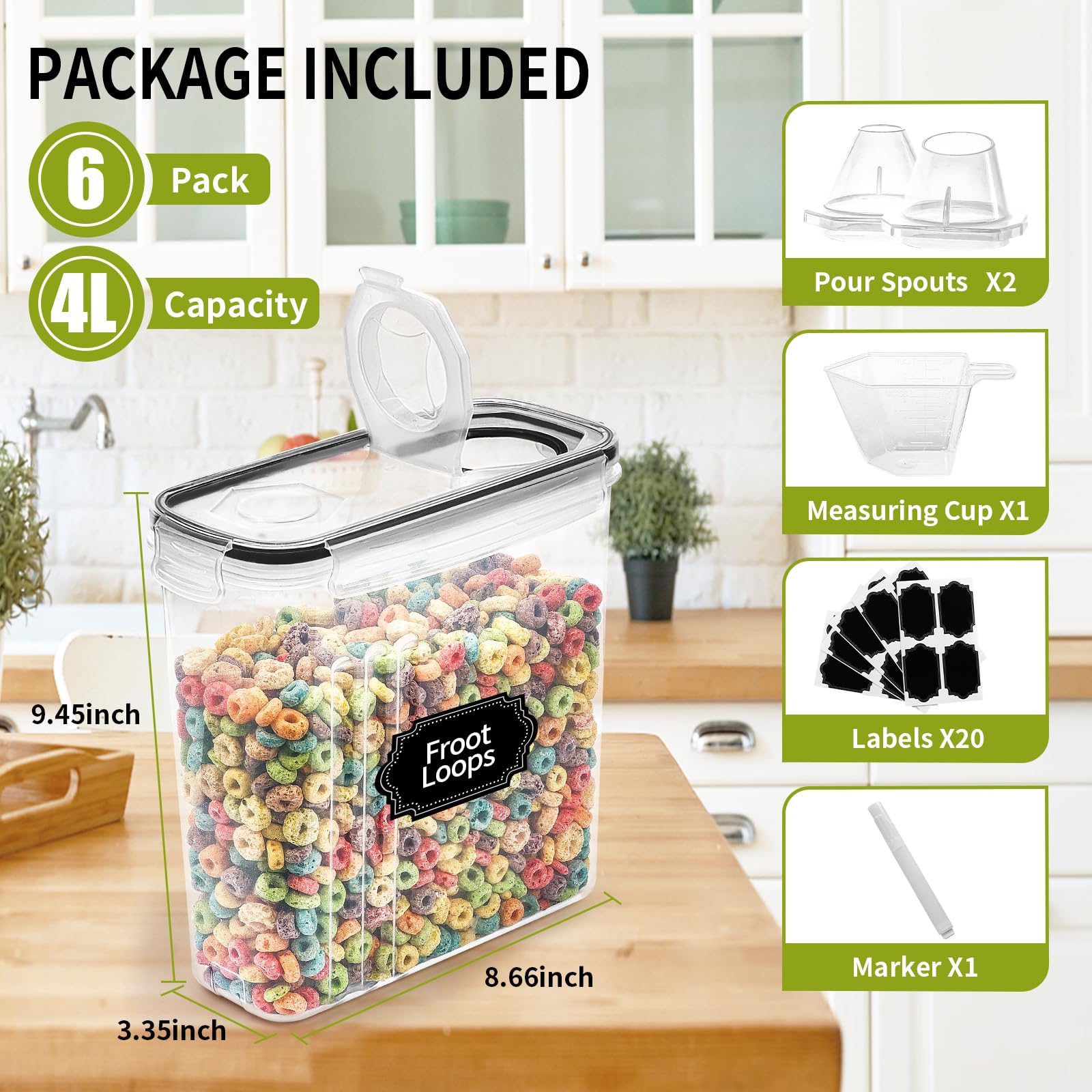 Skroam Cereal Containers Storage Of 6 [4L/135.2 Oz], Airtight Food Storage Containers With Lids, Plastic Cereal Dispensers For K