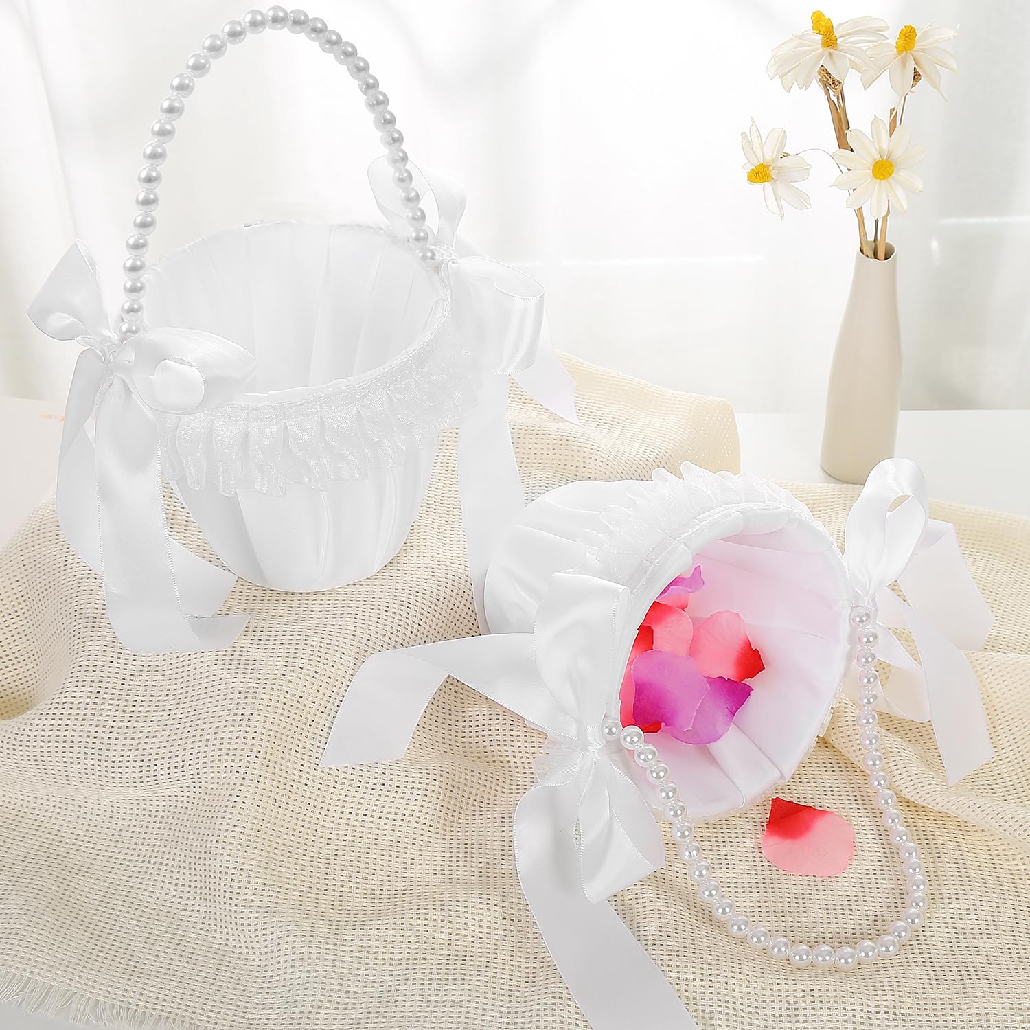 True Love Gift 2 Pcs Flower Girl Basket With Pearl Handle Flower Girl Baskets For Weddings