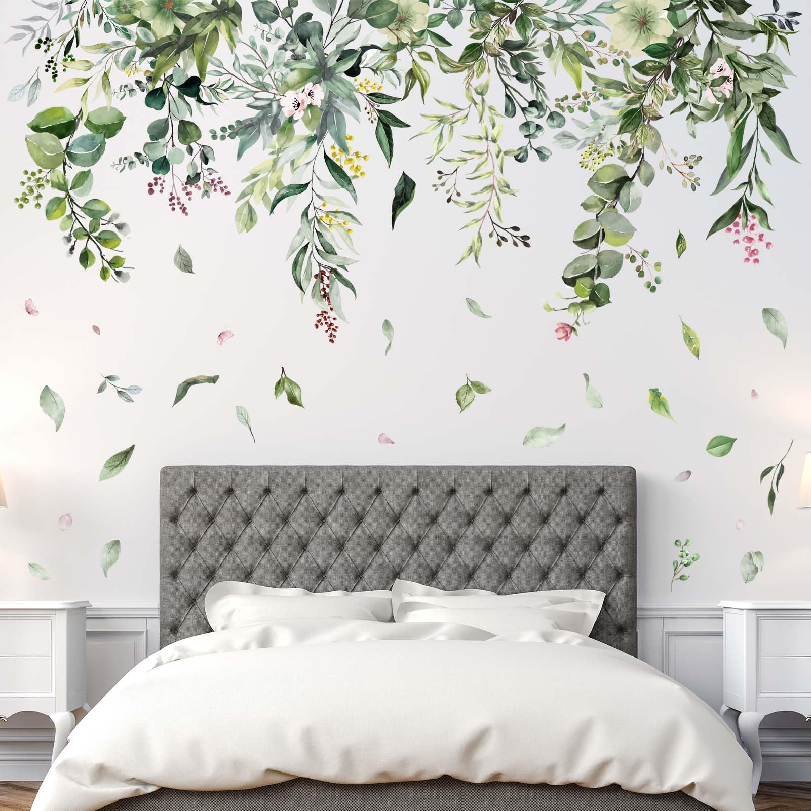 Amimagen Green Hanging Vine Wall Stickers - Nature Plants Flower Leaves Wall Decals - Bedroom Living Room Sofa Tv Background Hom
