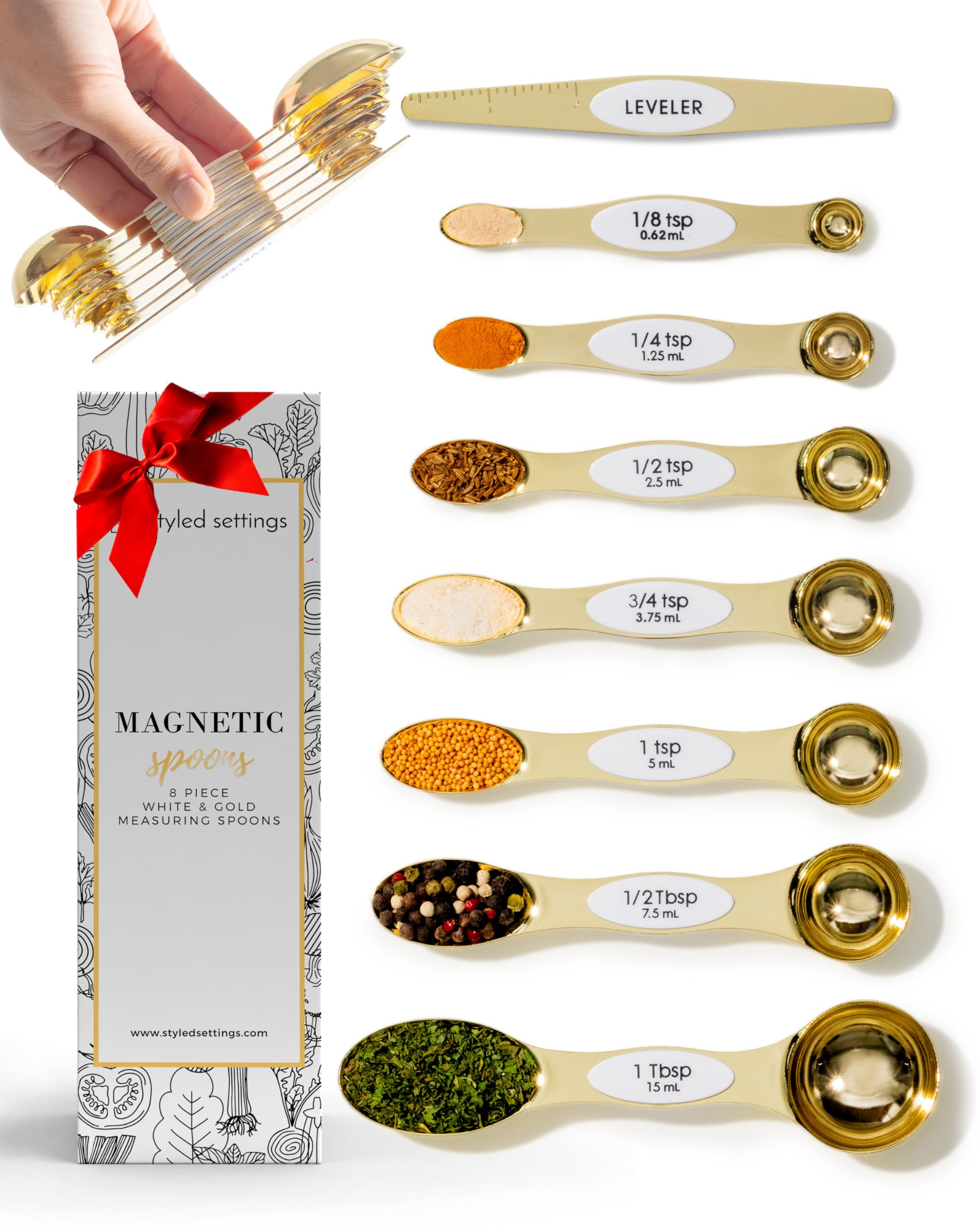 White & Gold Measuring Spoons Set, Stainless Steel Measuring Spoons -Magnetic Measuring Spoons Set- Metal Measuring Spoons- Cute