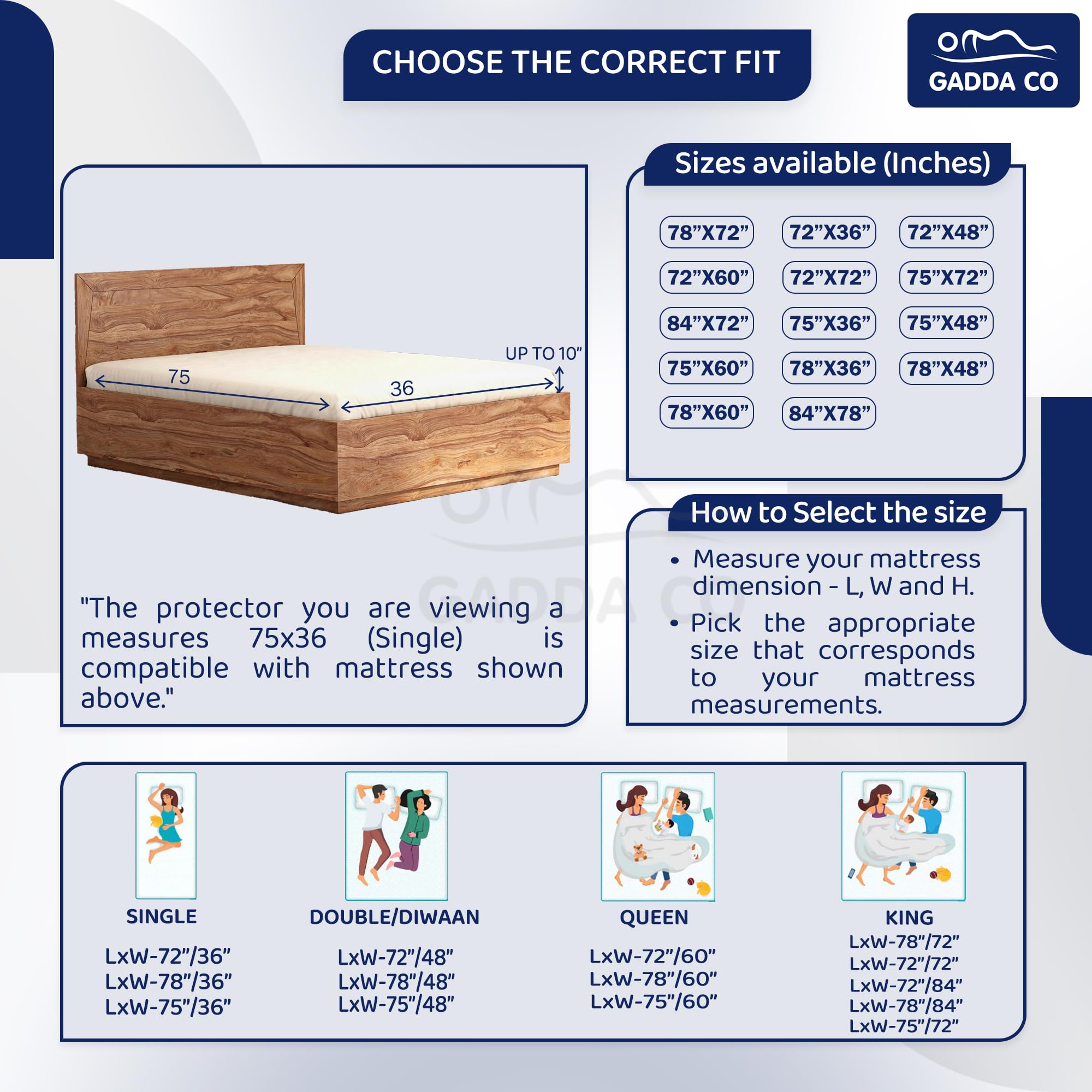 GADDA CO Breathable Waterproof Mattress Protector with Elastic Straps, Fitted Lycra Mattress Protector, Hypoallergenic Bed Prote