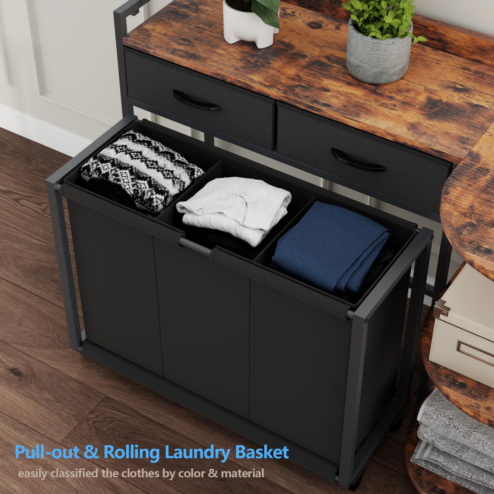 Stikely L Shaped Laundry Hamper Laundry Basket With 3 Section Pull-Out Rolling Bags & 3-Tier Storage Shelf, Laundry Sorter For O