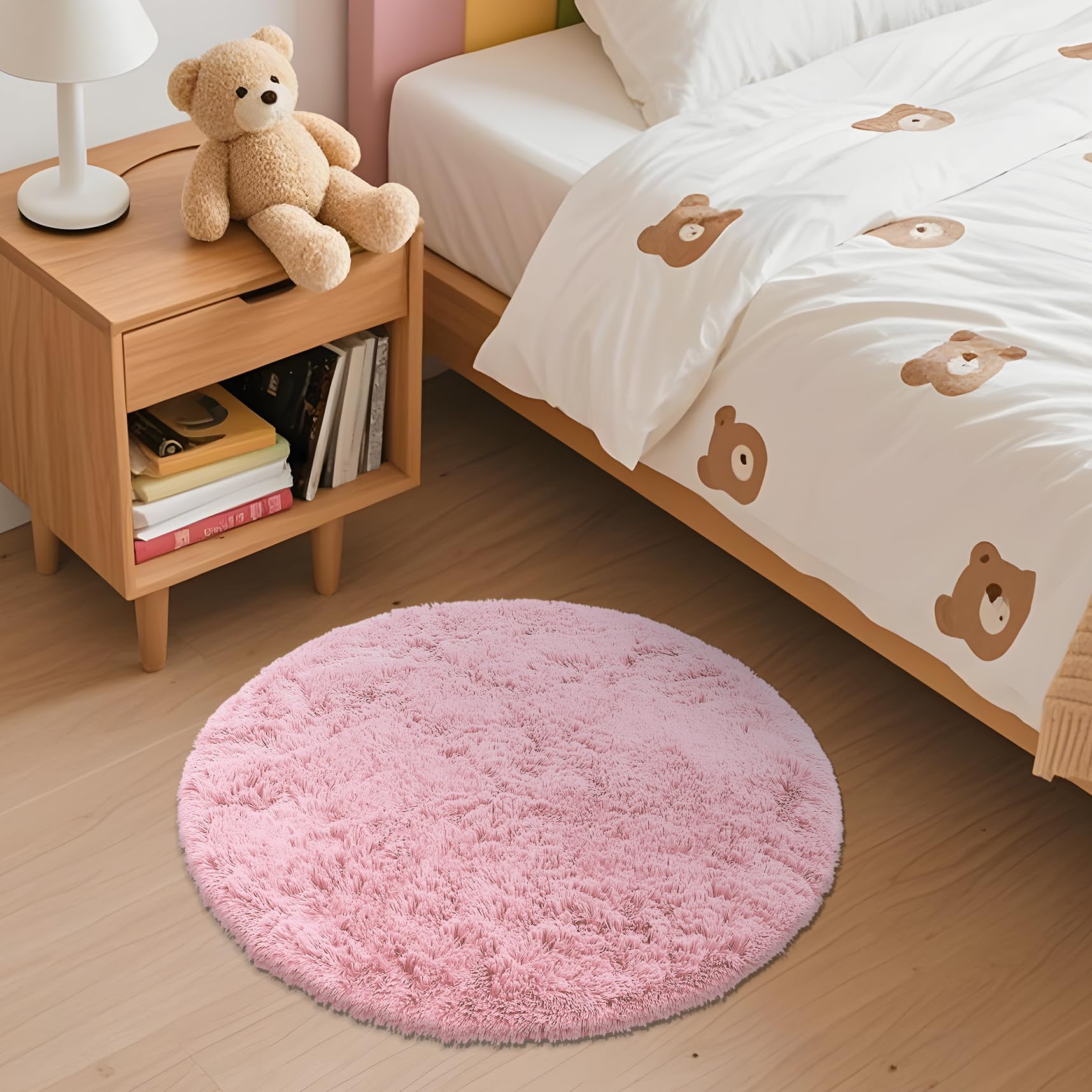 OLANLY Pink Round Rugs for Bedroom - Machine Washable, 2 ft Circle Area Rugs for Living Room, Soft and Fluffy Shaggy Carpet for