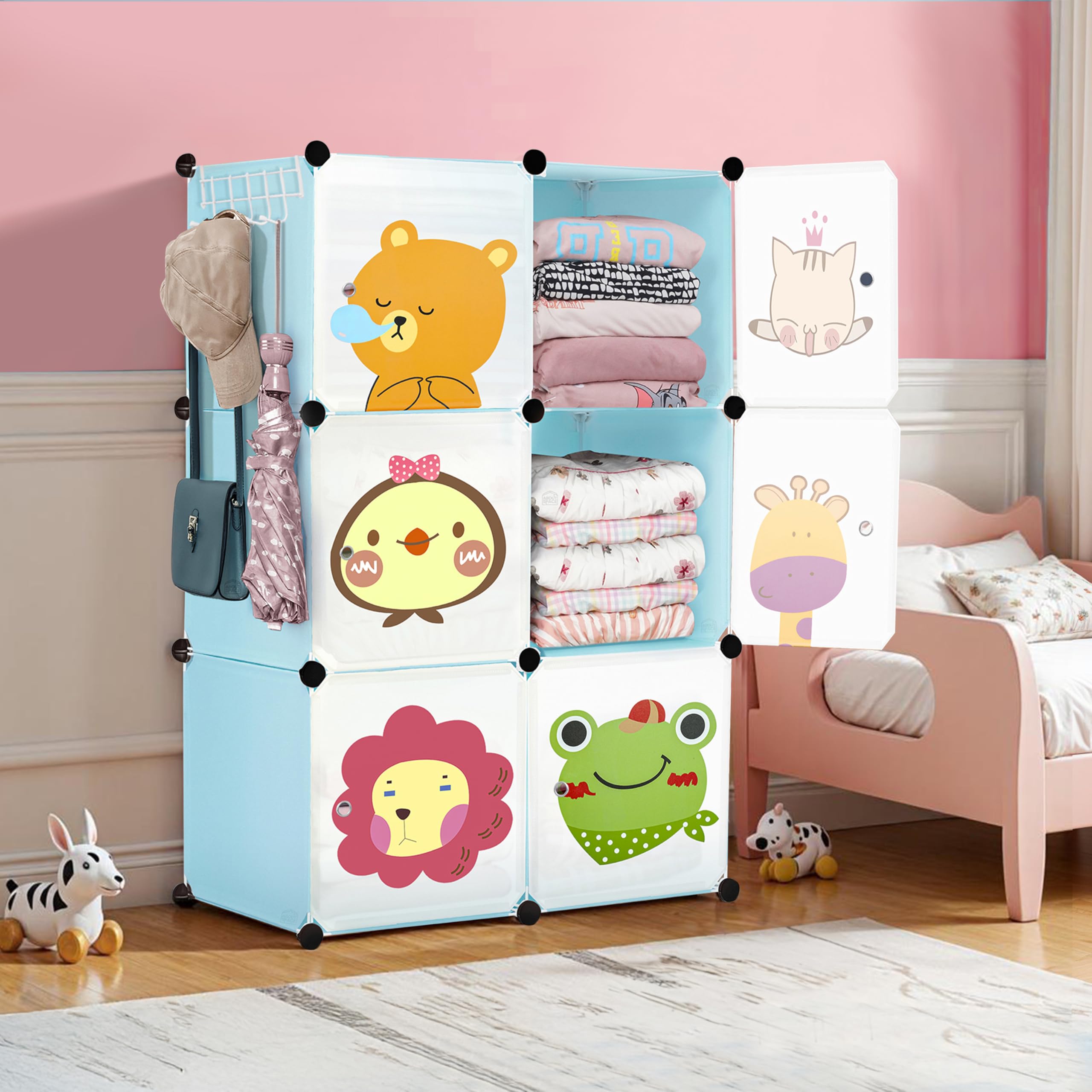 About Space Plastic Kids Wardrobe - Diy 6 Cube Kids Almirah With Cartoon Door,Side Hanger,Door Magnet & Hamer - Collapsible Clot